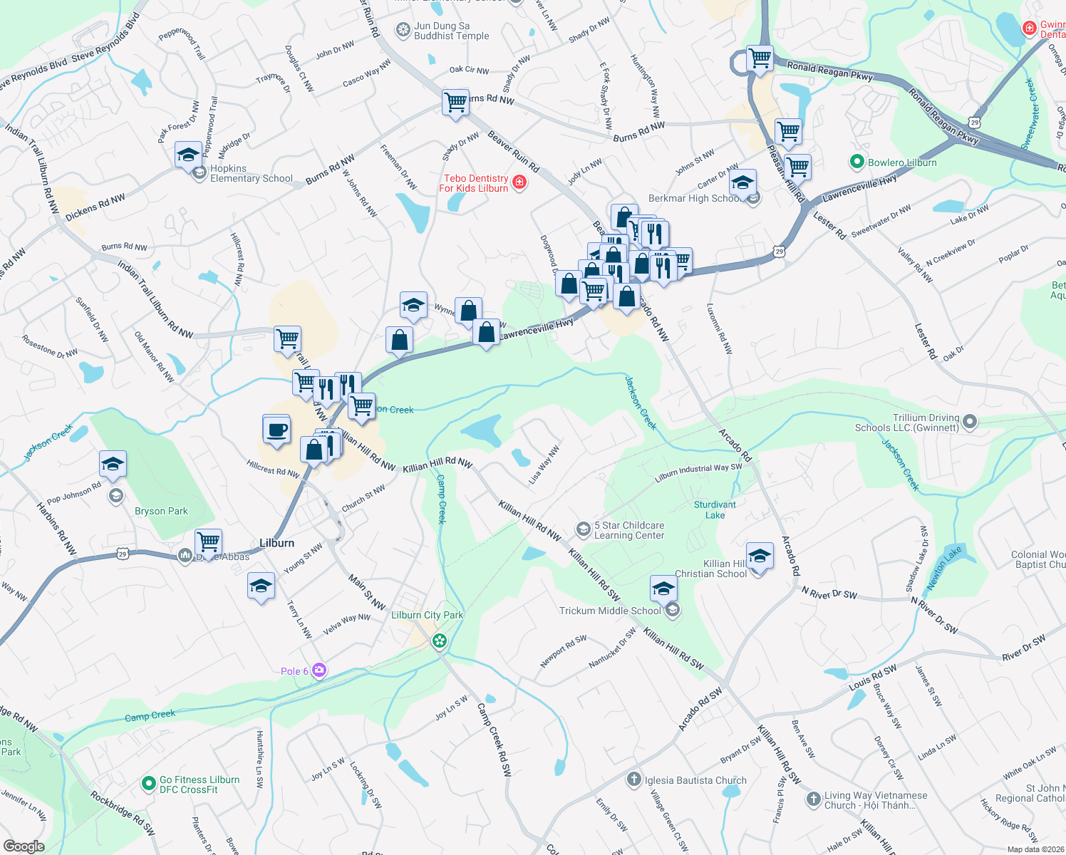 map of restaurants, bars, coffee shops, grocery stores, and more near 4472 Sheila Court Northwest in Lilburn