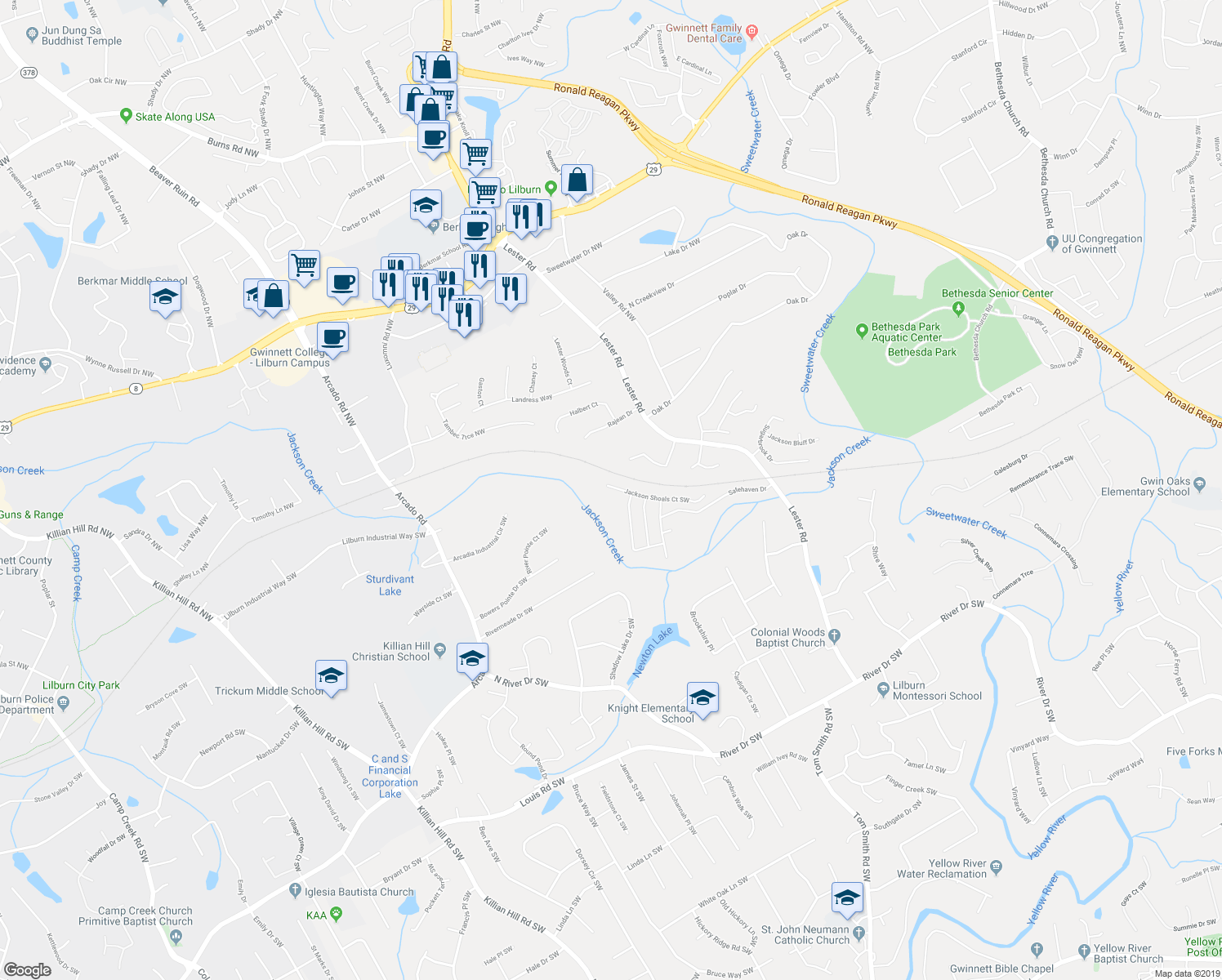 map of restaurants, bars, coffee shops, grocery stores, and more near 4046 Jackson Shoals Court Southwest in Lawrenceville