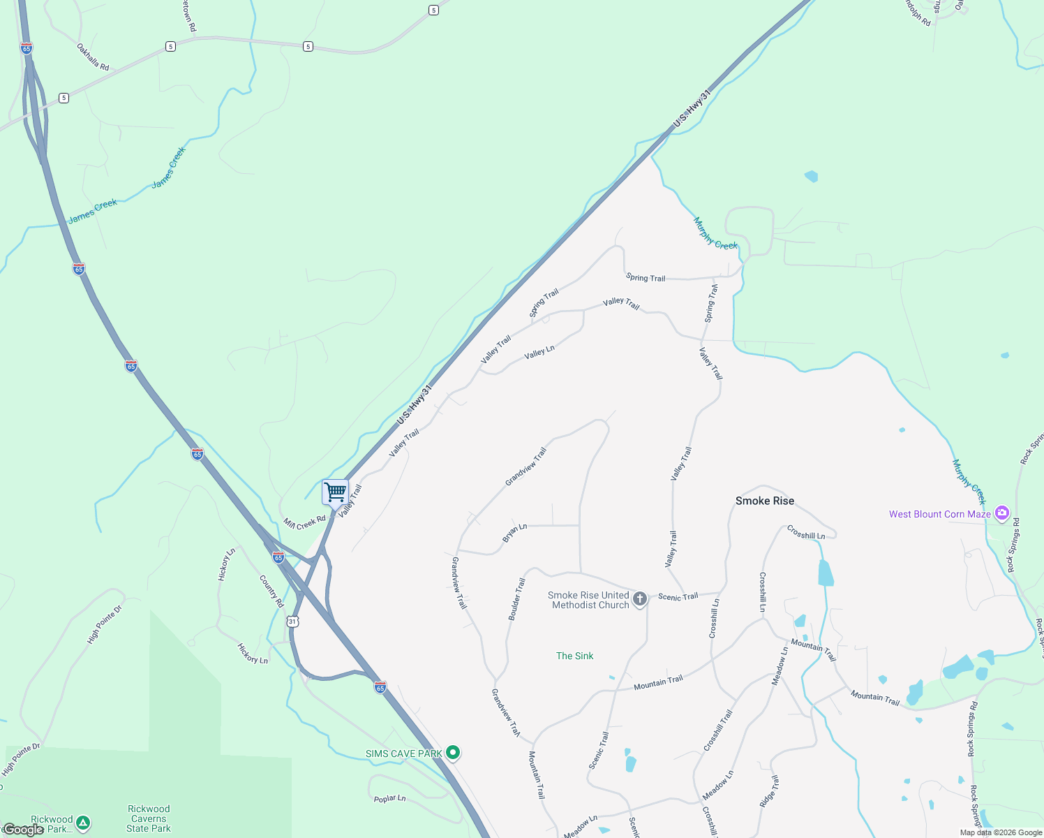 map of restaurants, bars, coffee shops, grocery stores, and more near 1281 Grandview Trail in Warrior