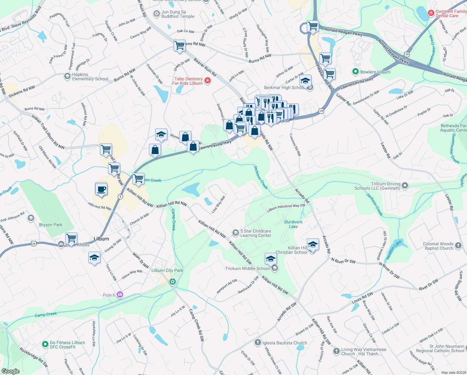 map of restaurants, bars, coffee shops, grocery stores, and more near 231 Timothy Lane Northwest in Lilburn