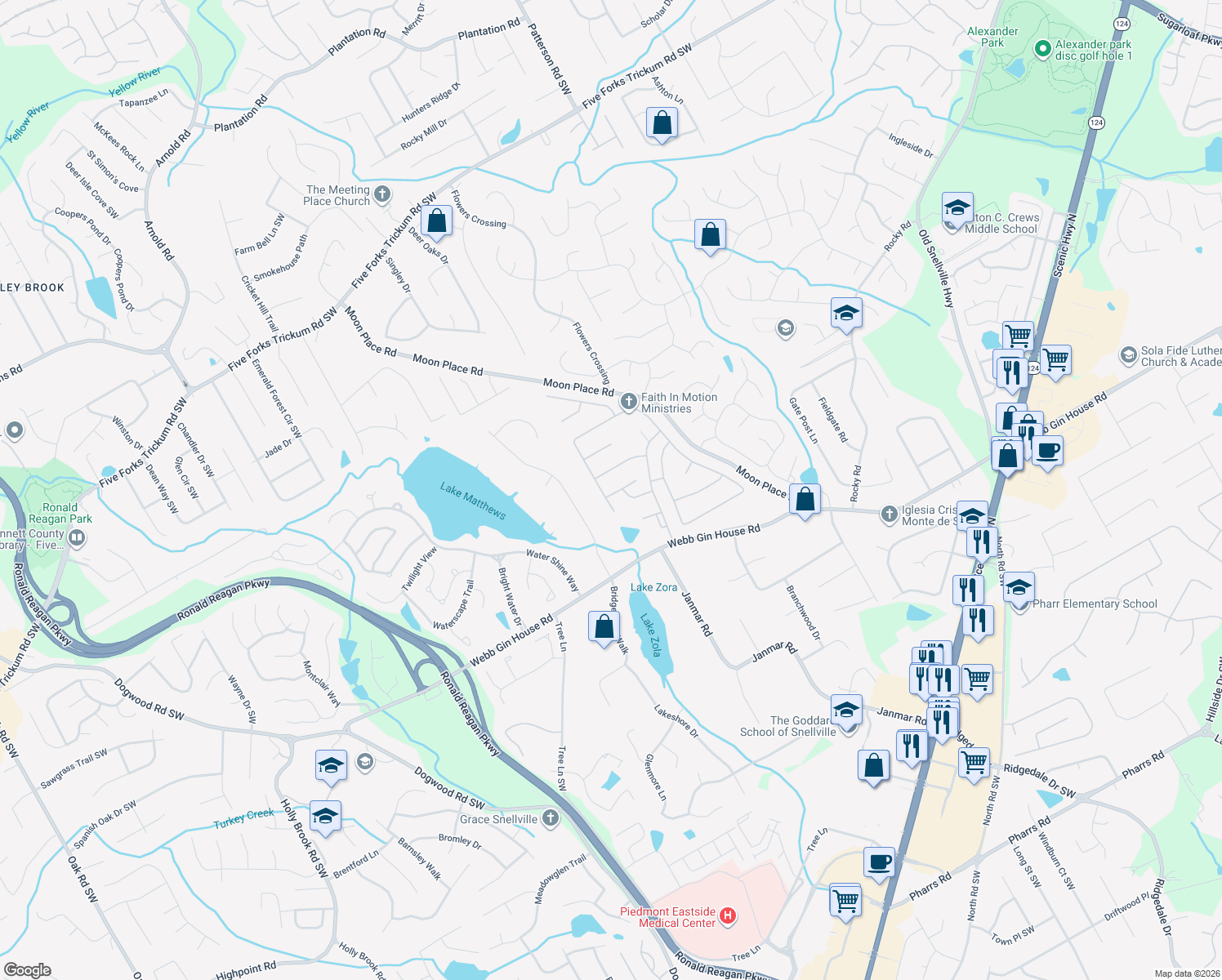 map of restaurants, bars, coffee shops, grocery stores, and more near 2079 Newstead Court in Snellville