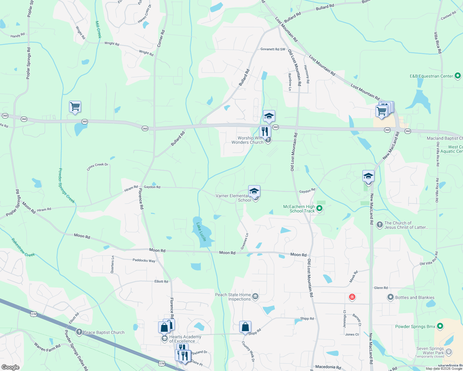 map of restaurants, bars, coffee shops, grocery stores, and more near 2432 Noelle Lane in Powder Springs