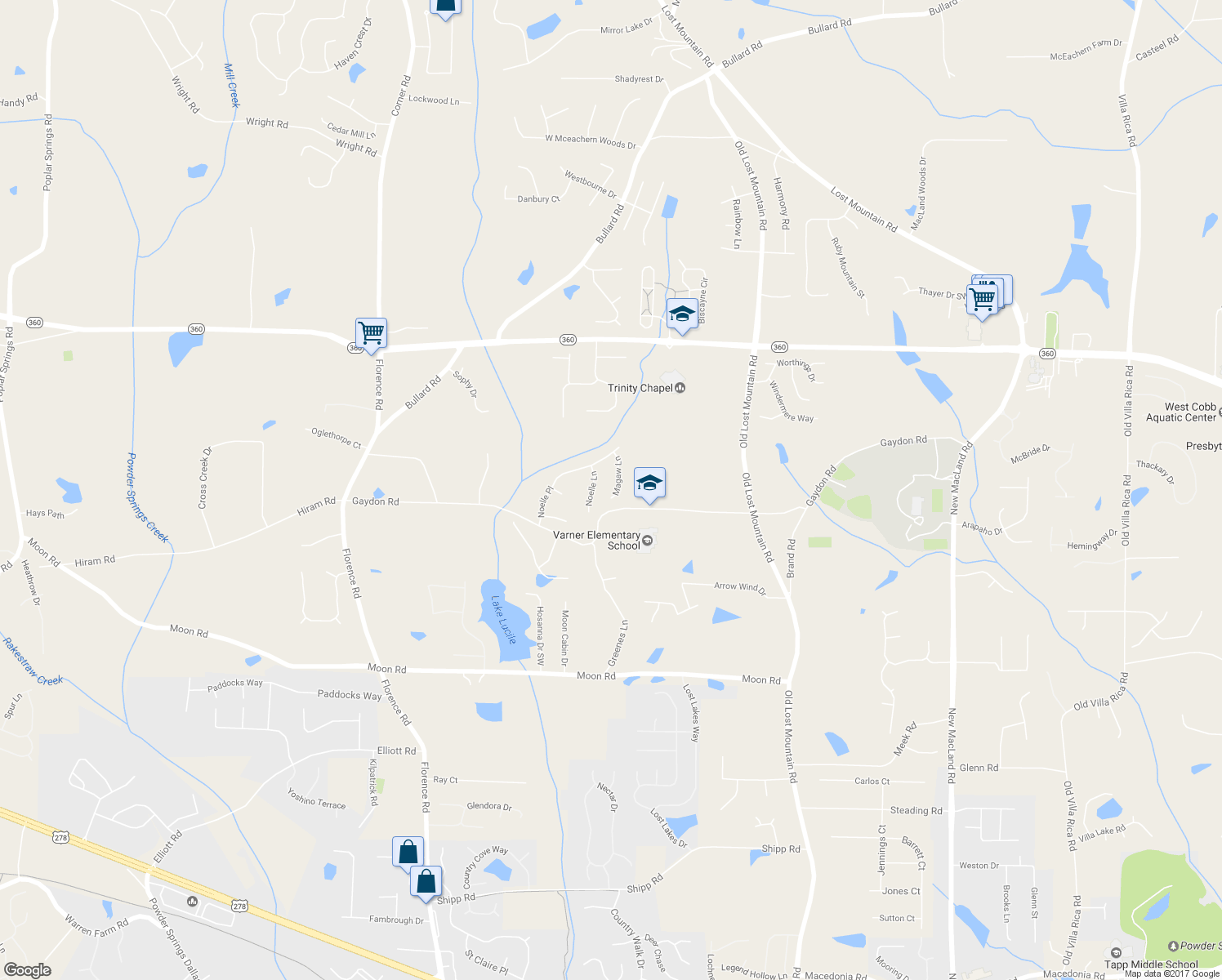 map of restaurants, bars, coffee shops, grocery stores, and more near 2338 Magaw Lane in Powder Springs