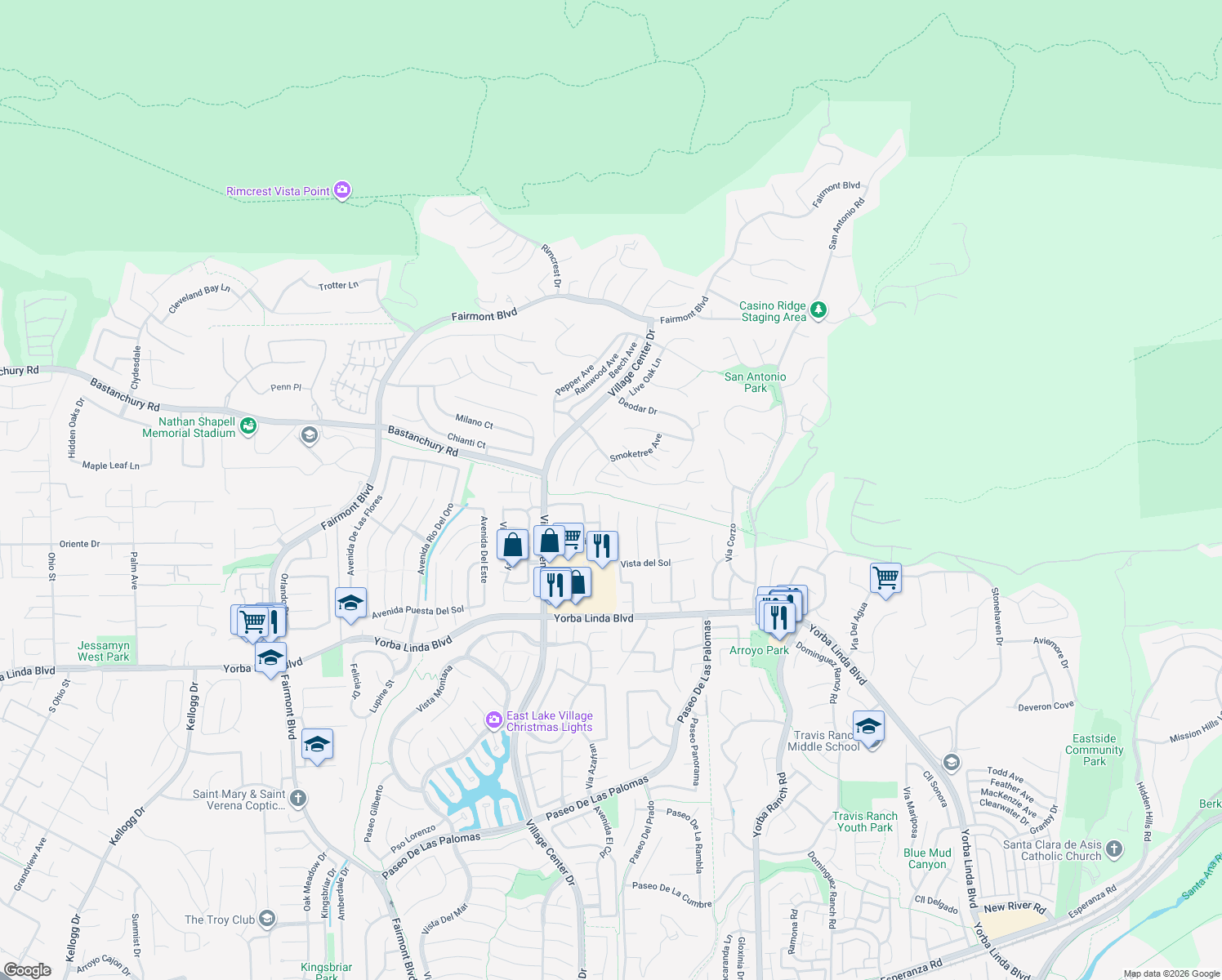 map of restaurants, bars, coffee shops, grocery stores, and more near 20616 Smoketree Avenue in Yorba Linda