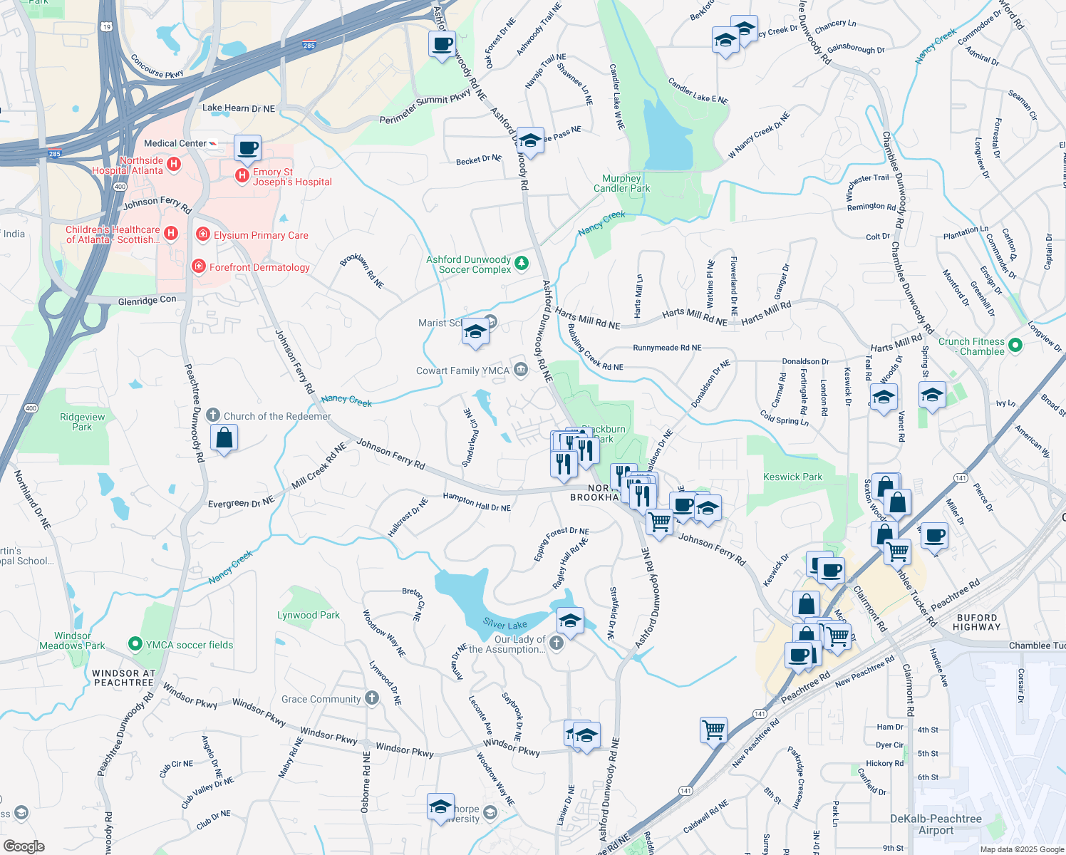 map of restaurants, bars, coffee shops, grocery stores, and more near 1233 Ashford Creek Park Northeast in Atlanta