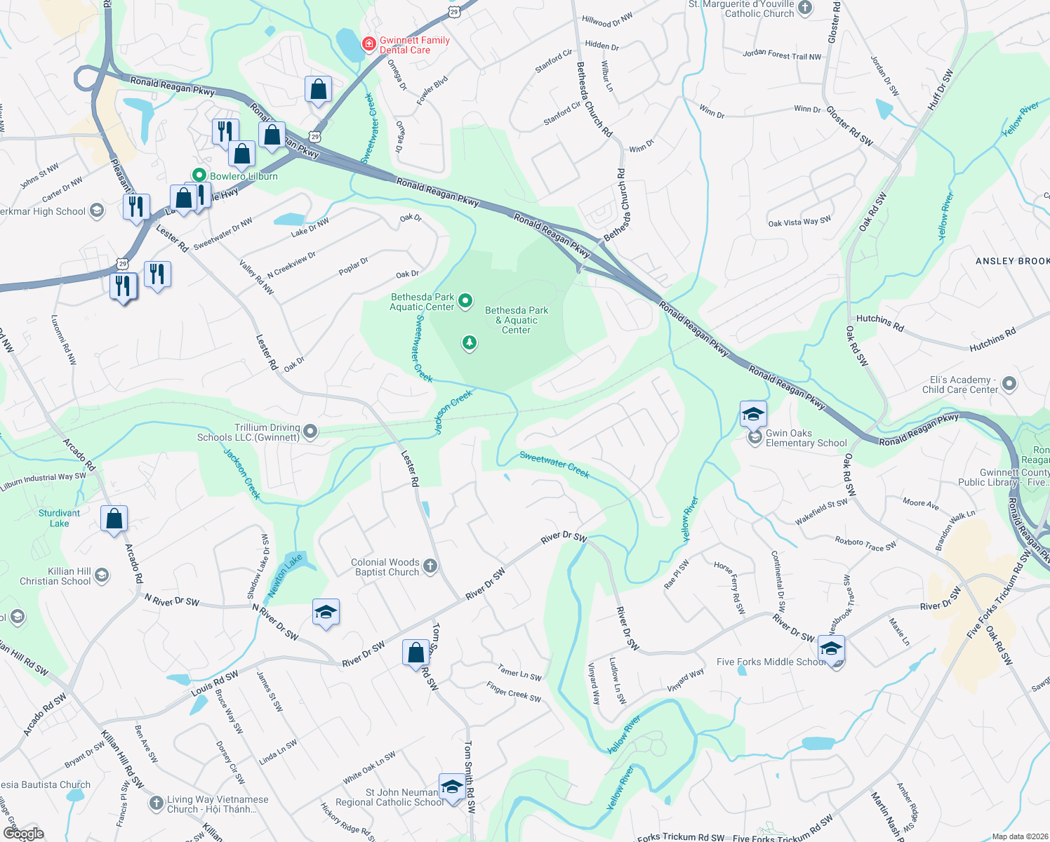 map of restaurants, bars, coffee shops, grocery stores, and more near 90 Galesburg Dr in Lawrenceville