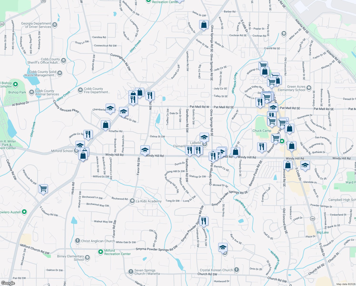 map of restaurants, bars, coffee shops, grocery stores, and more near 2317 Hollyridge Dr SW in Marietta