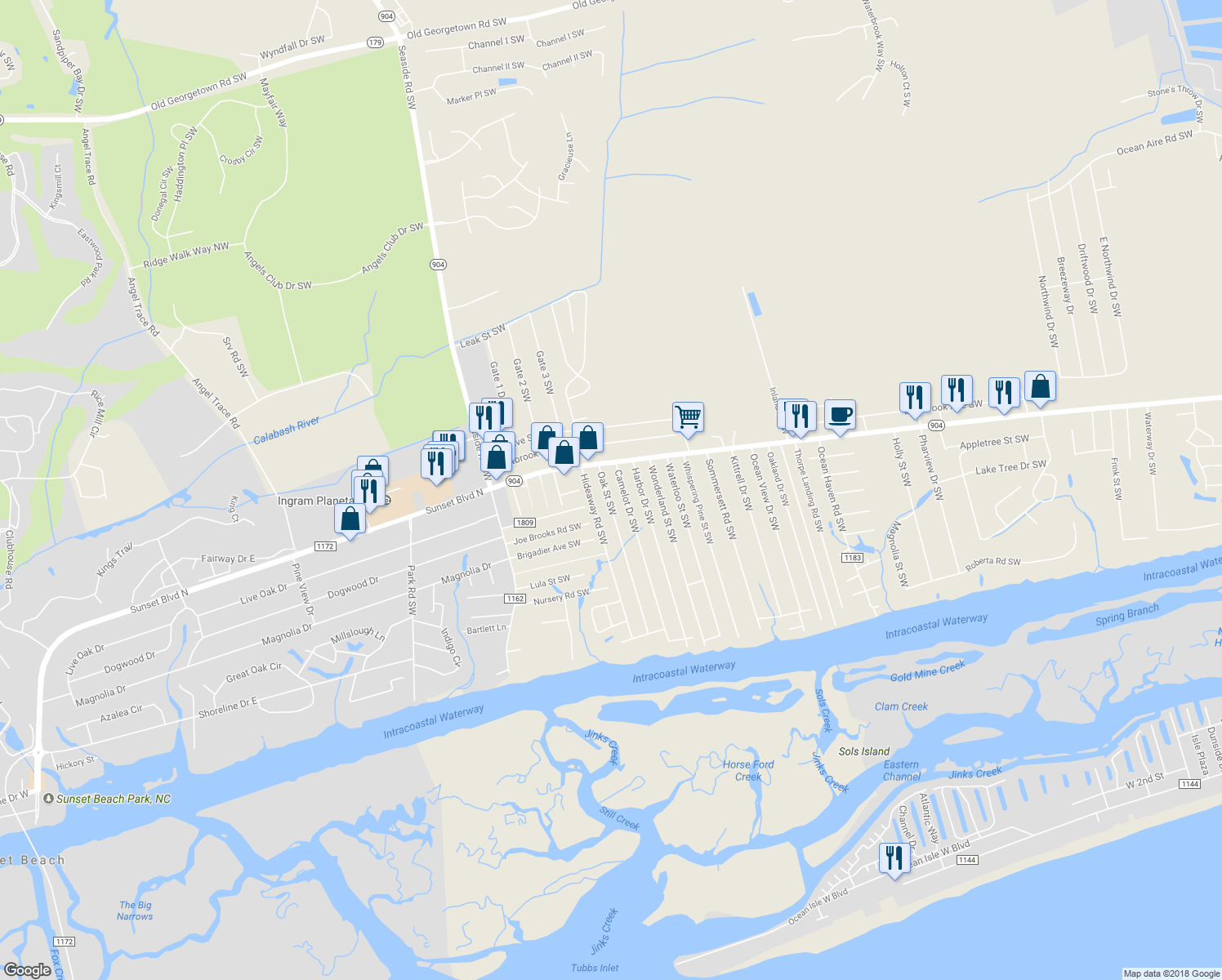 map of restaurants, bars, coffee shops, grocery stores, and more near 1729 Oak St SW in Ocean Isle Beach