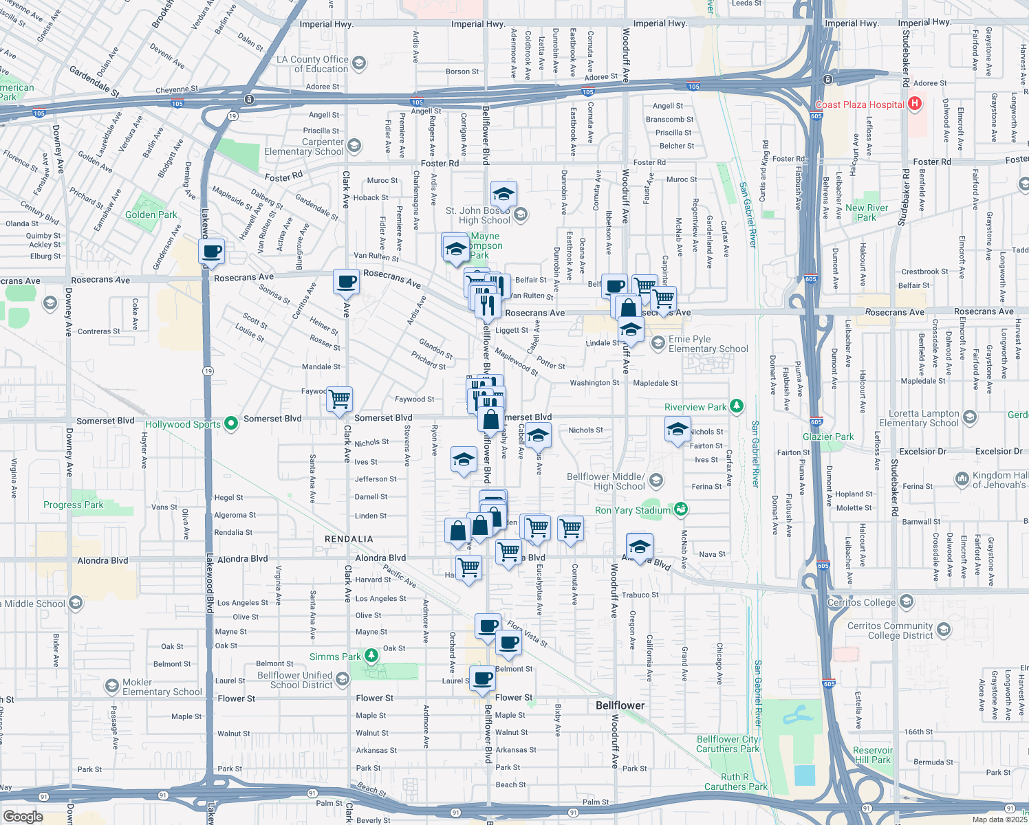 map of restaurants, bars, coffee shops, grocery stores, and more near 9847 Somerset Boulevard in Bellflower