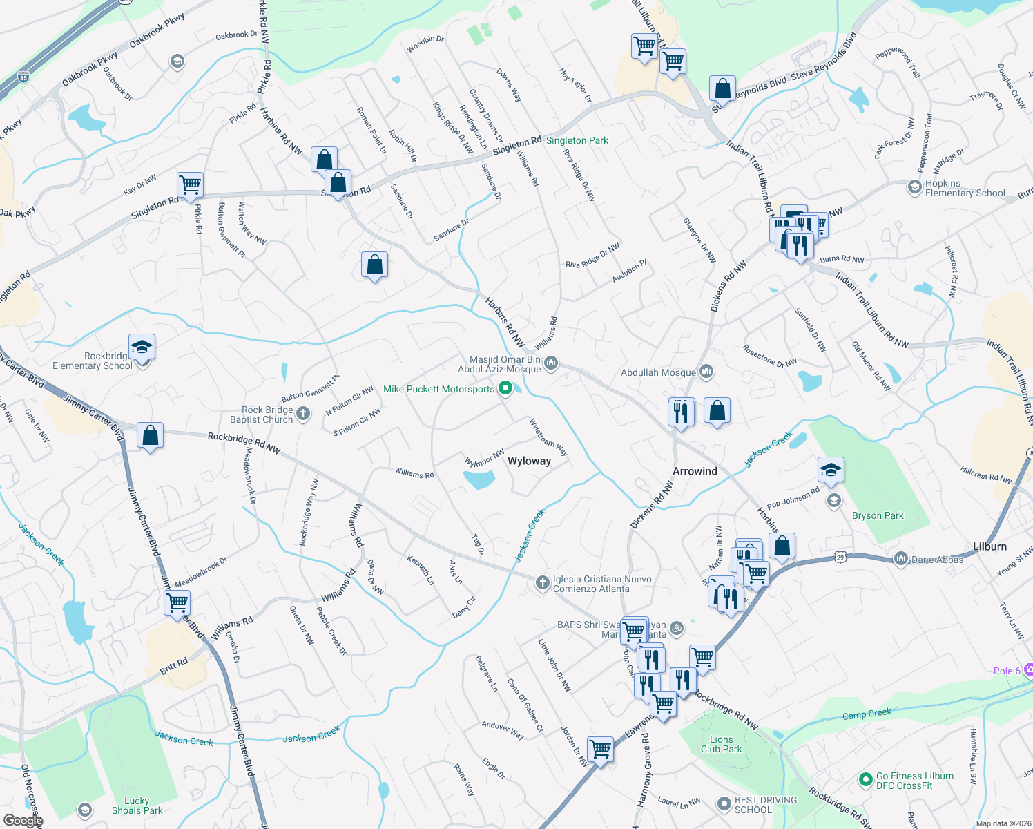 map of restaurants, bars, coffee shops, grocery stores, and more near 5523 Wylstream Way in Norcross