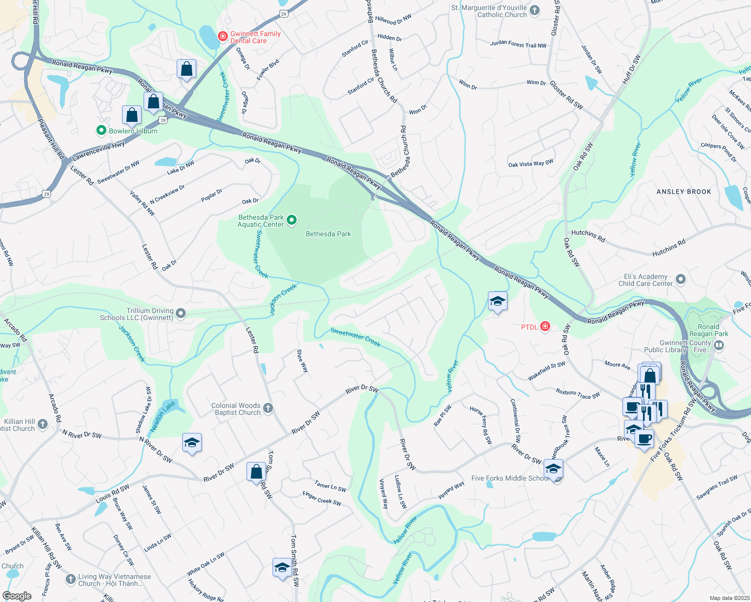 map of restaurants, bars, coffee shops, grocery stores, and more near 220 Galesburg Drive in Lawrenceville