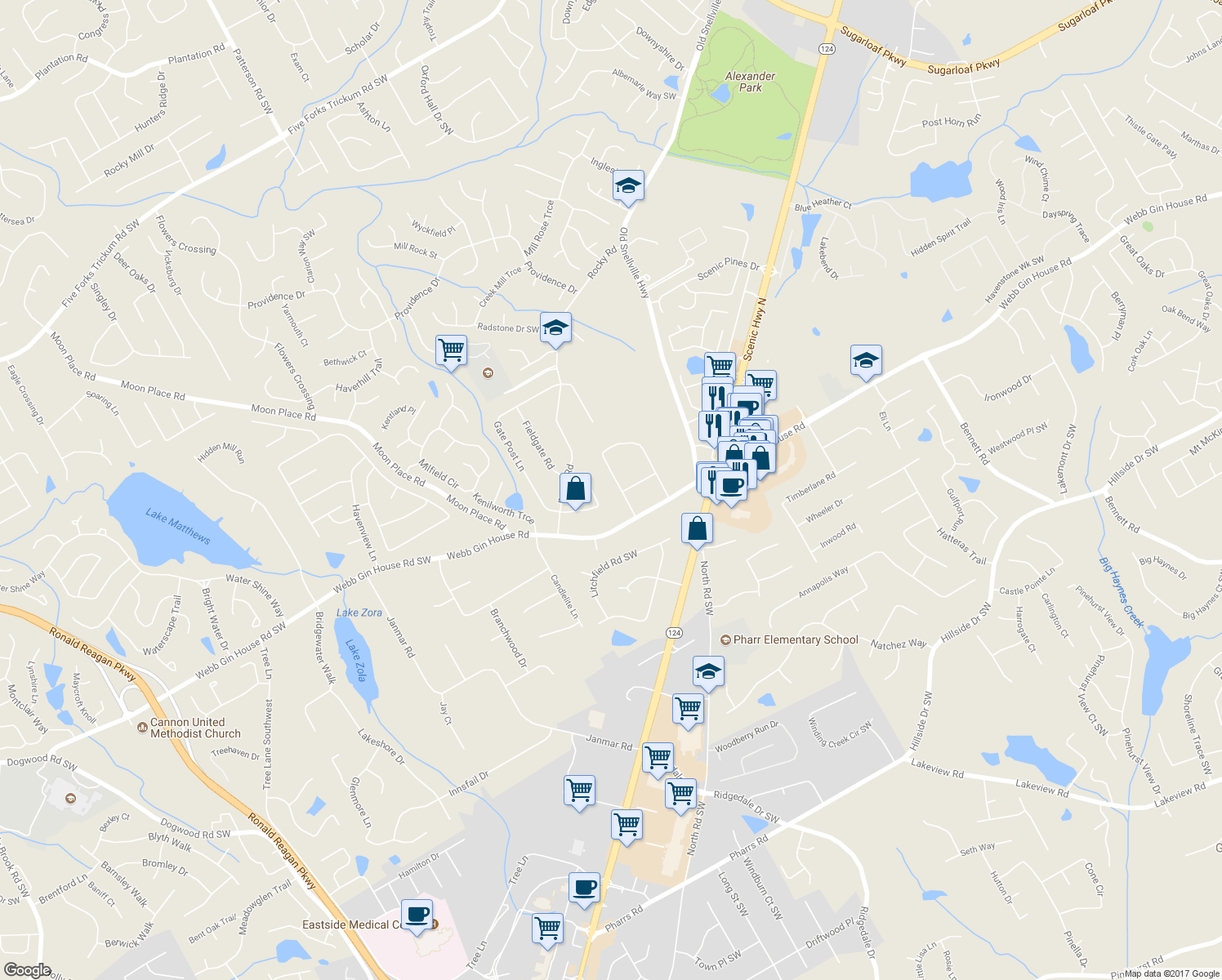 map of restaurants, bars, coffee shops, grocery stores, and more near 1291 Heritage Hills Circle in Snellville