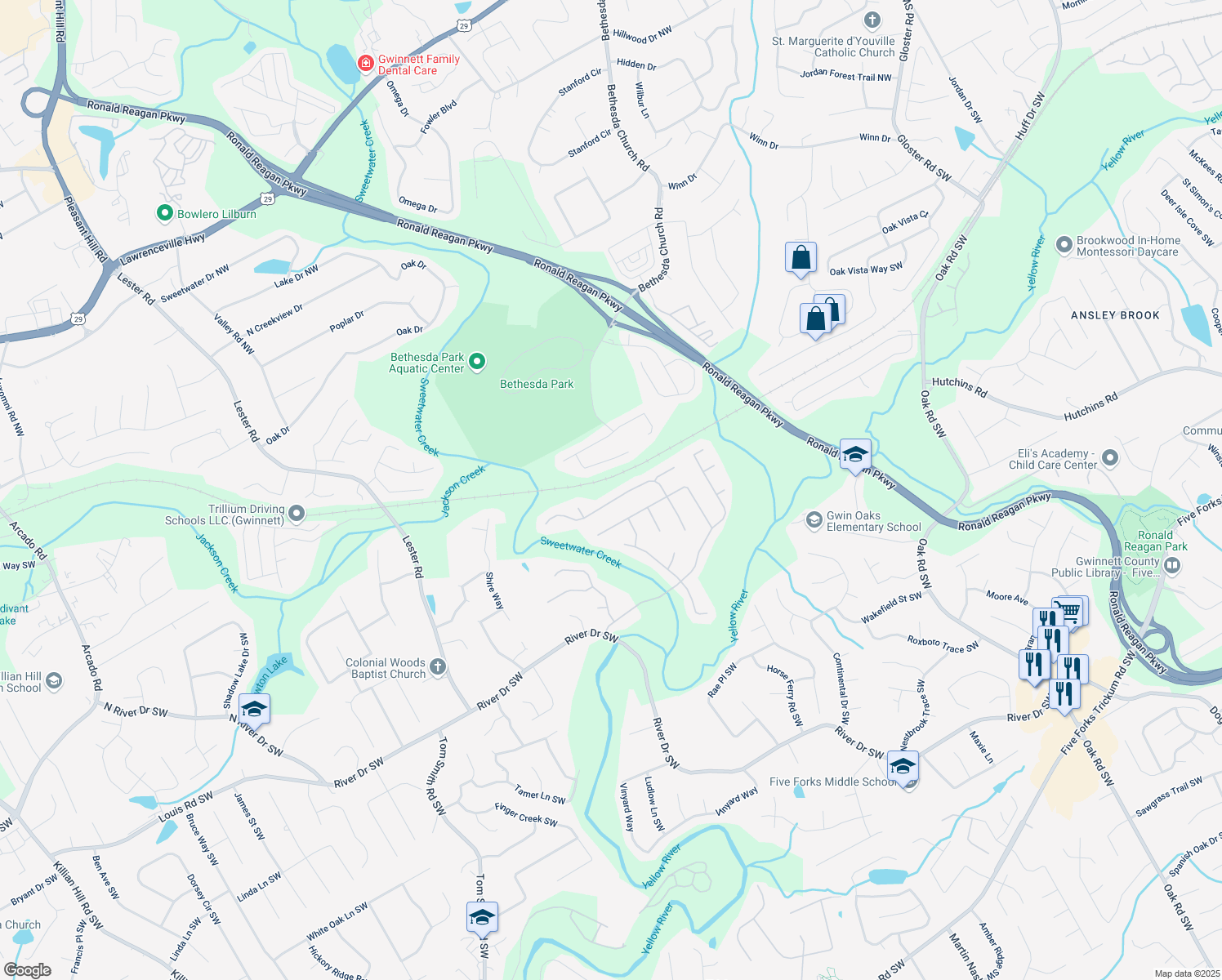 map of restaurants, bars, coffee shops, grocery stores, and more near 220 Galesburg Drive in Lawrenceville