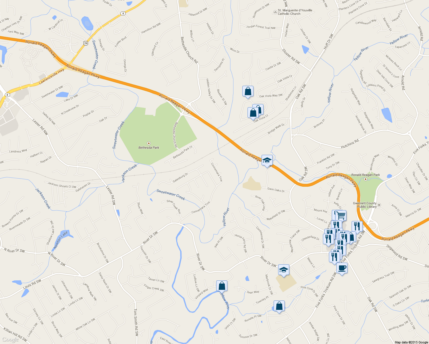 map of restaurants, bars, coffee shops, grocery stores, and more near 3231 Connemara Trce in Lawrenceville