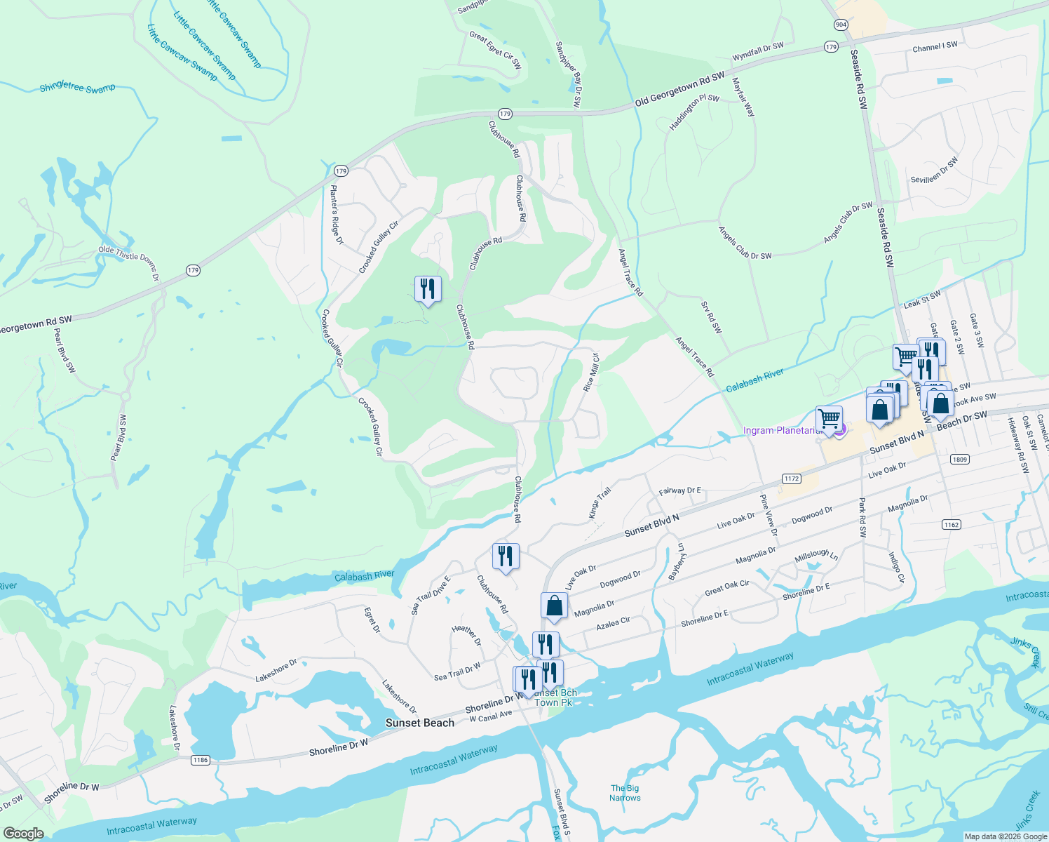 map of restaurants, bars, coffee shops, grocery stores, and more near 297 Rice Mill Cir SW in Sunset Beach