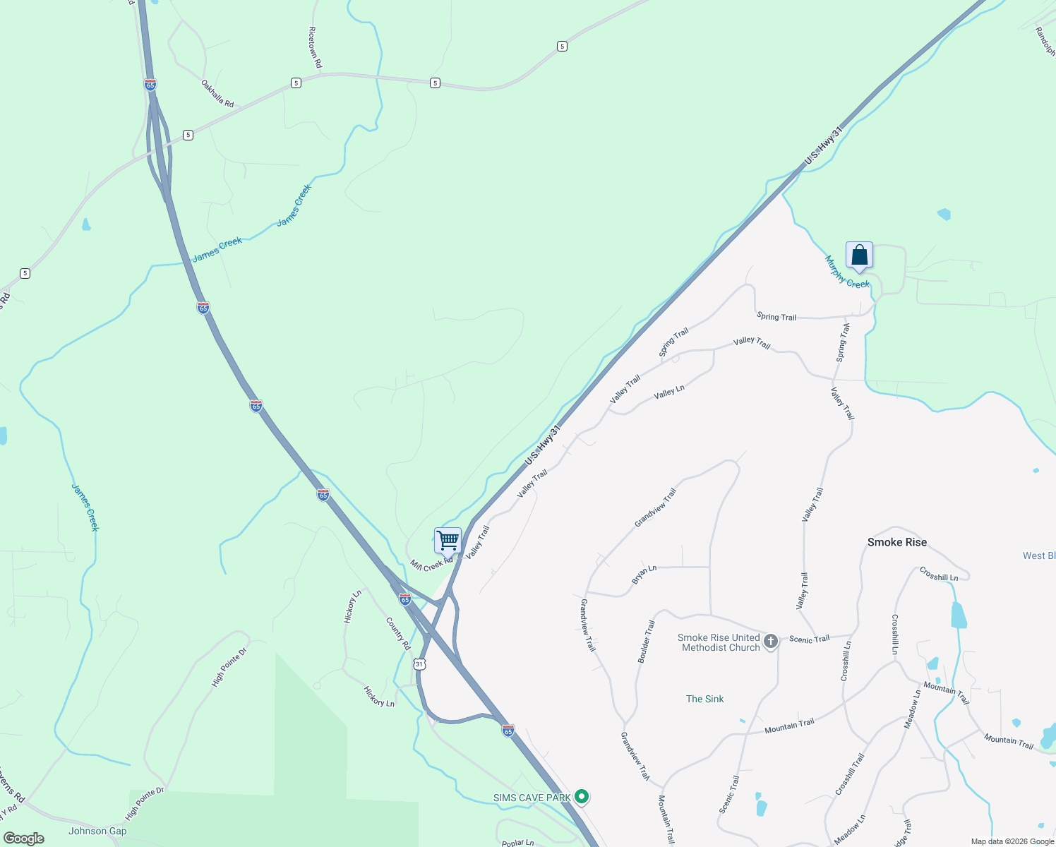map of restaurants, bars, coffee shops, grocery stores, and more near 850 Mill Creek Road in Warrior