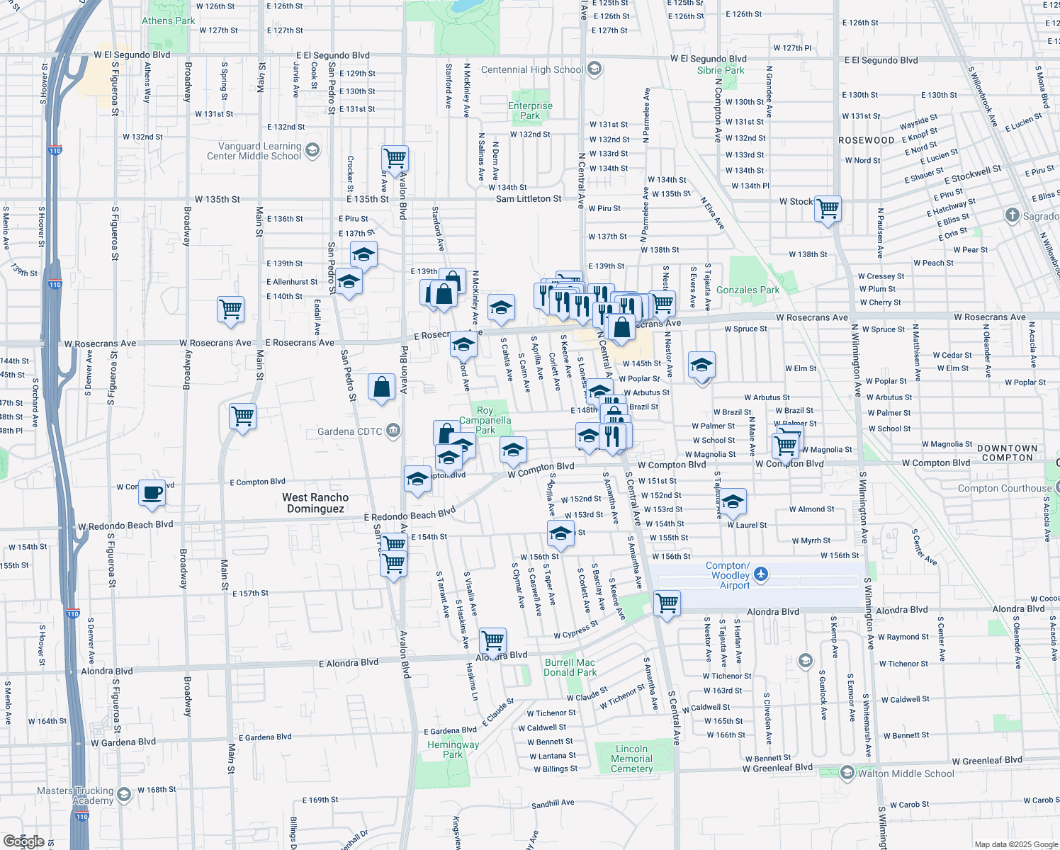 map of restaurants, bars, coffee shops, grocery stores, and more near 1033 E 149th St in Compton