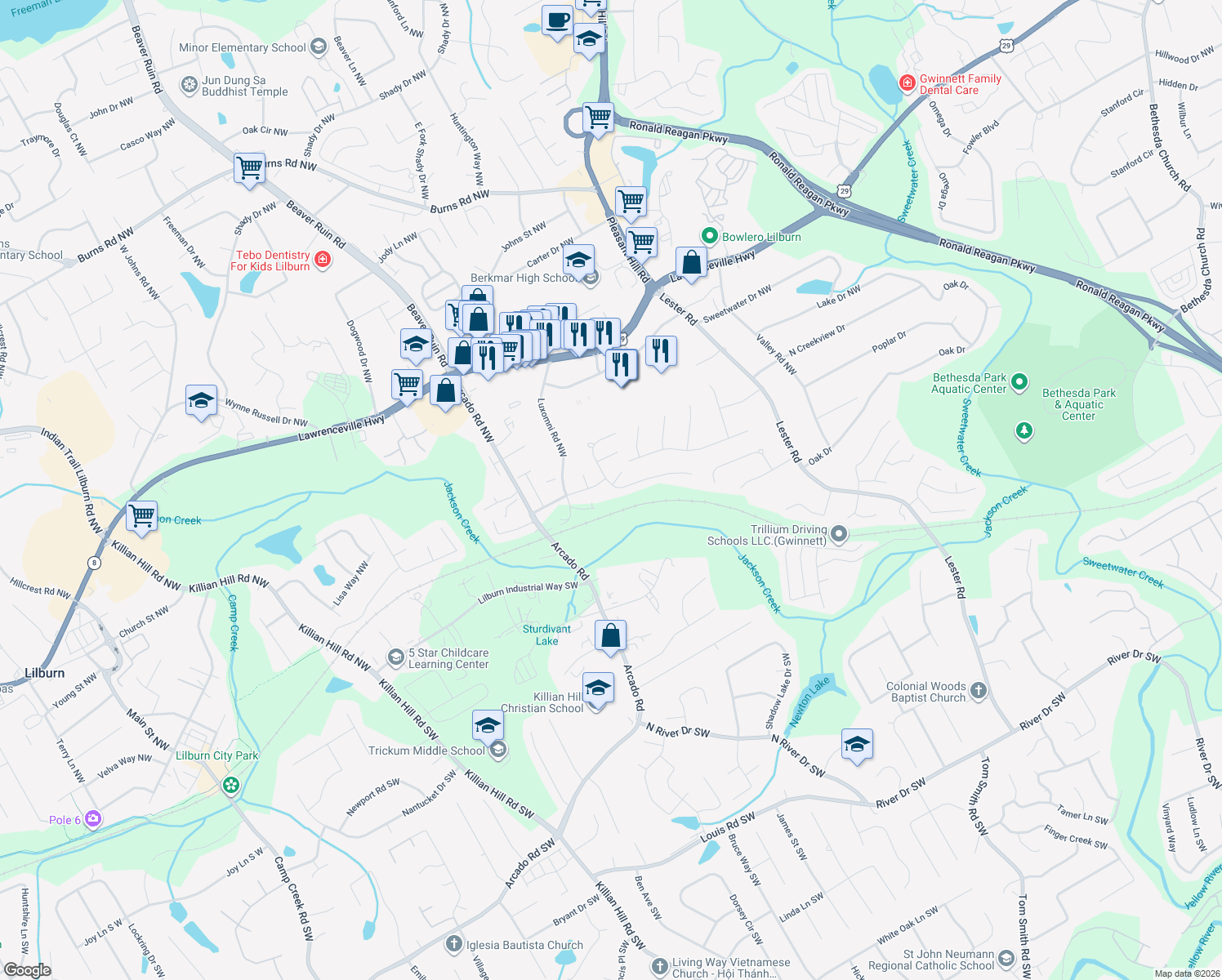 map of restaurants, bars, coffee shops, grocery stores, and more near 285 Tambec Trce Northwest in Lilburn