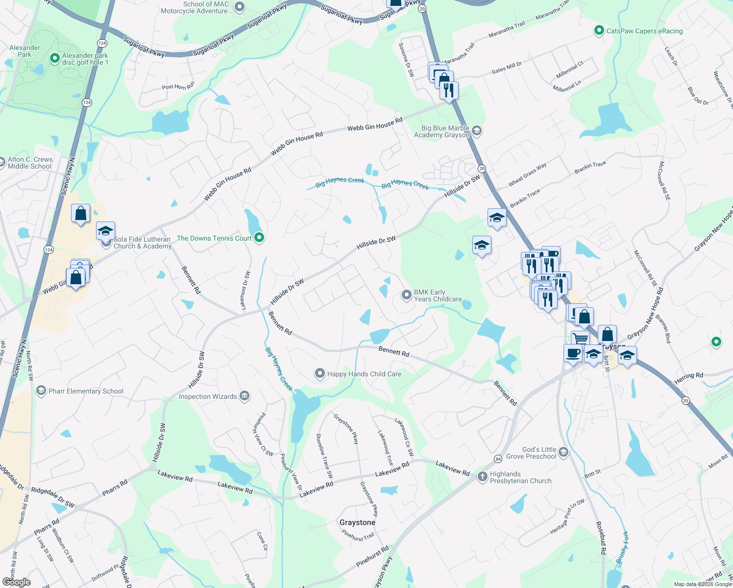 map of restaurants, bars, coffee shops, grocery stores, and more near 1355 Mount McKinley Drive in Grayson