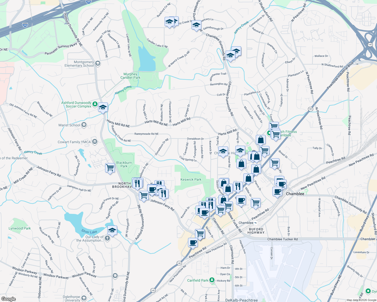 map of restaurants, bars, coffee shops, grocery stores, and more near 3639 Carmel Rd in Chamblee