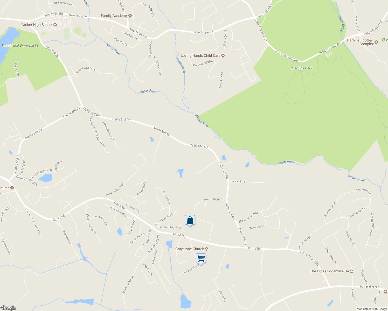 map of restaurants, bars, coffee shops, grocery stores, and more near 3133 Callie Still Road in Lawrenceville