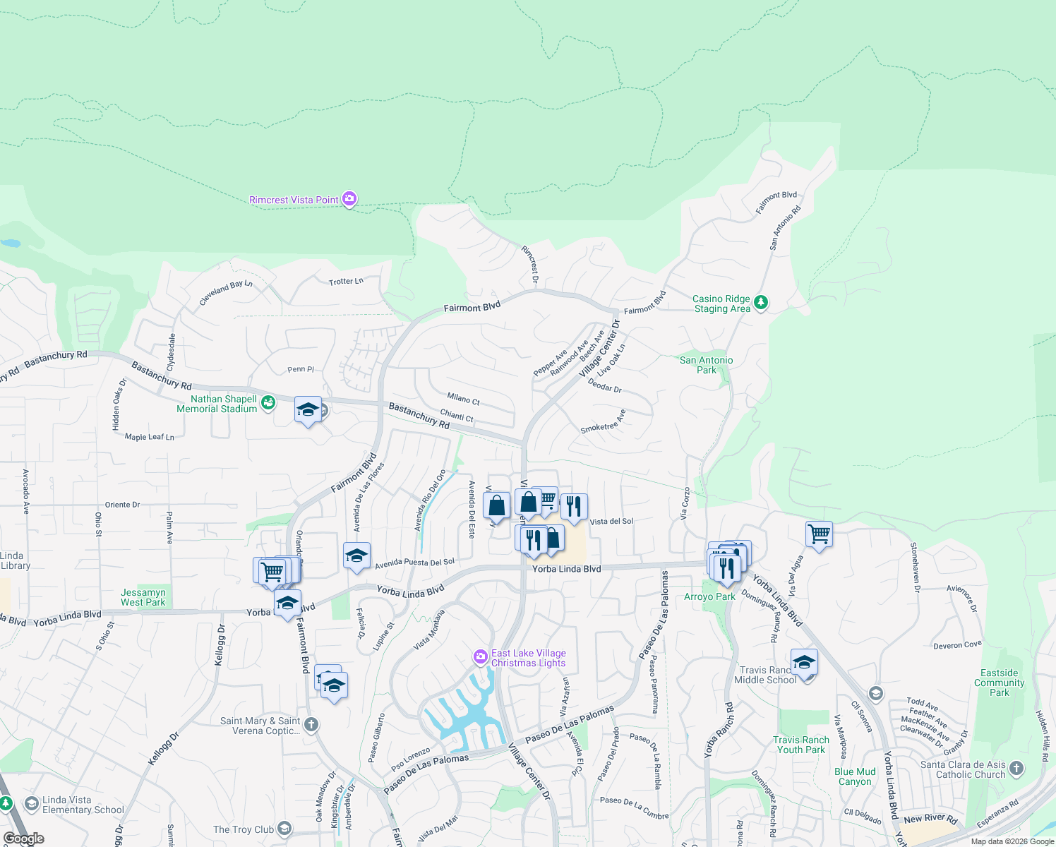 map of restaurants, bars, coffee shops, grocery stores, and more near 4341 Pepper Avenue in Yorba Linda