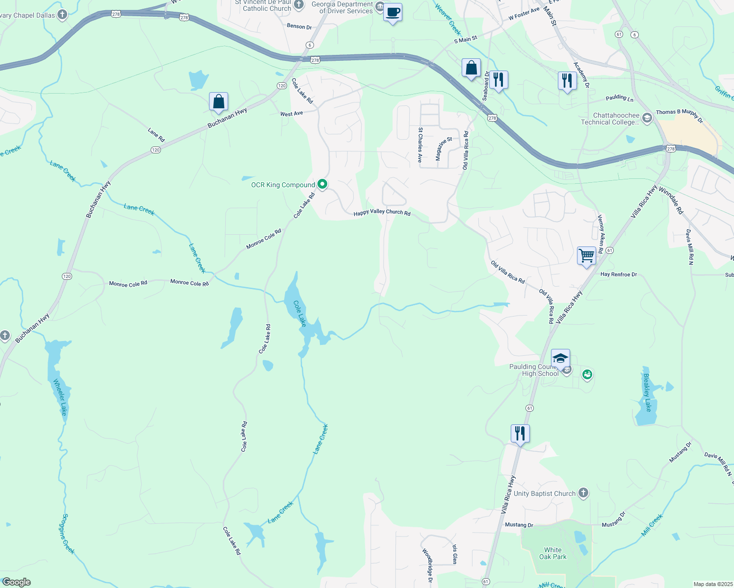map of restaurants, bars, coffee shops, grocery stores, and more near 108 Arbor View Lane in Dallas