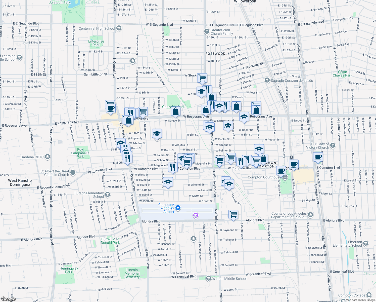 map of restaurants, bars, coffee shops, grocery stores, and more near 946 W Brazil St in Compton