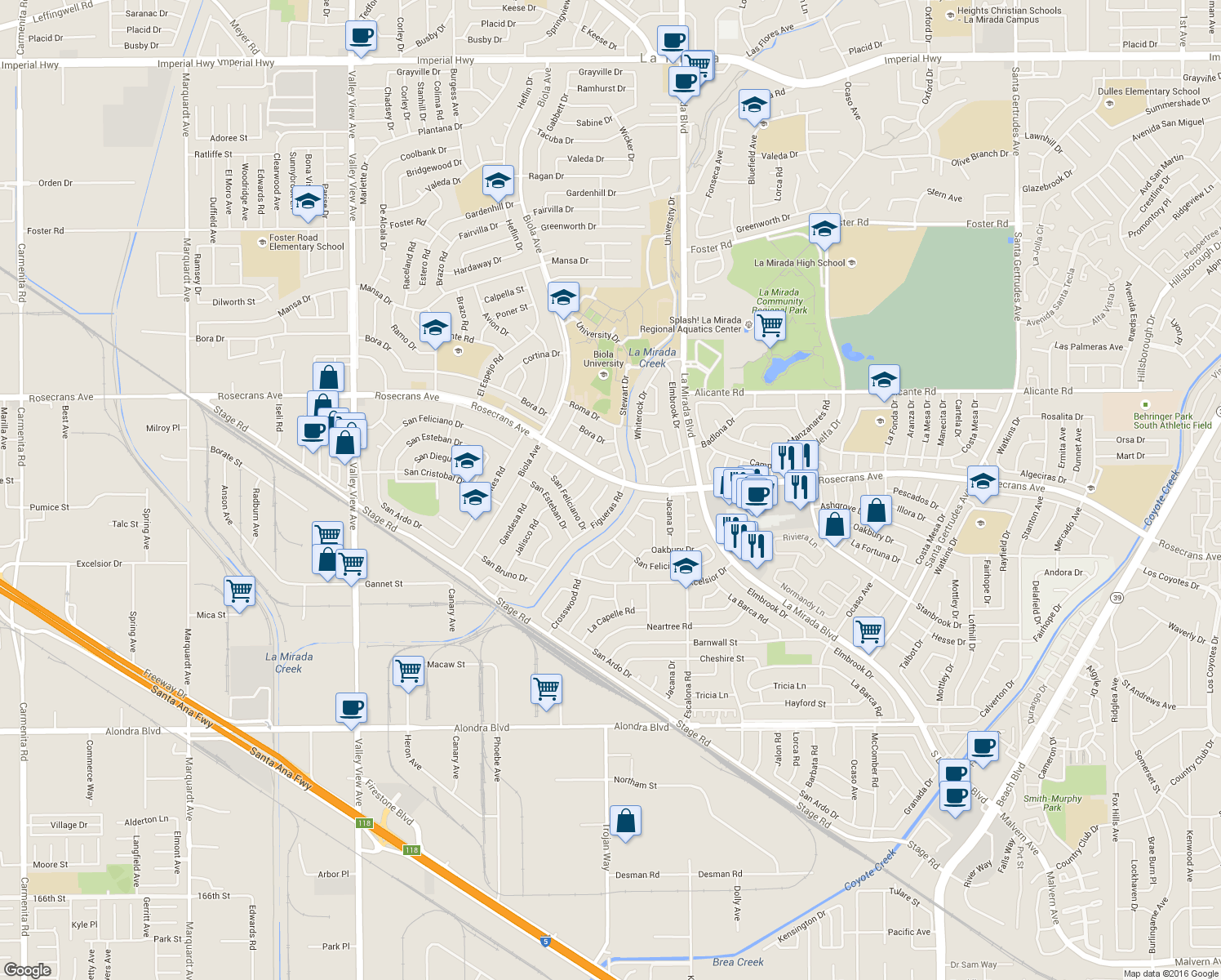 map of restaurants, bars, coffee shops, grocery stores, and more near 14504 Rio Blanco Road in La Mirada