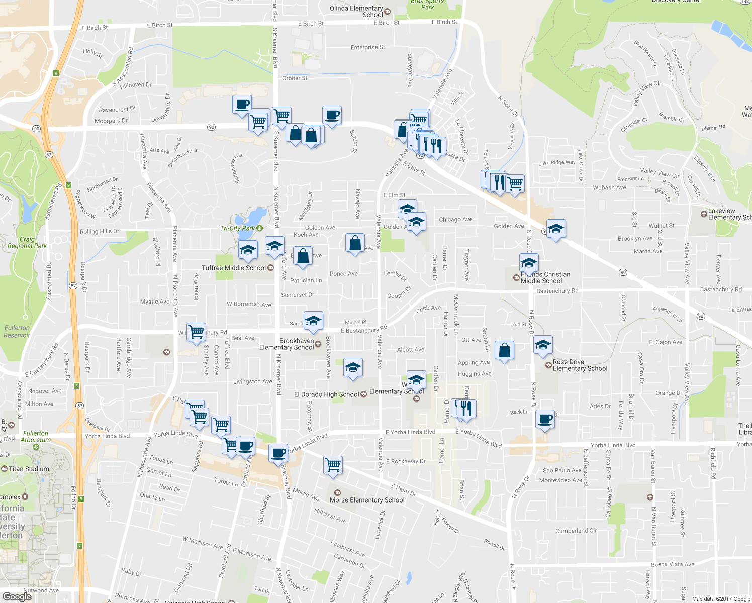 map of restaurants, bars, coffee shops, grocery stores, and more near 538 Somerset Drive in Placentia