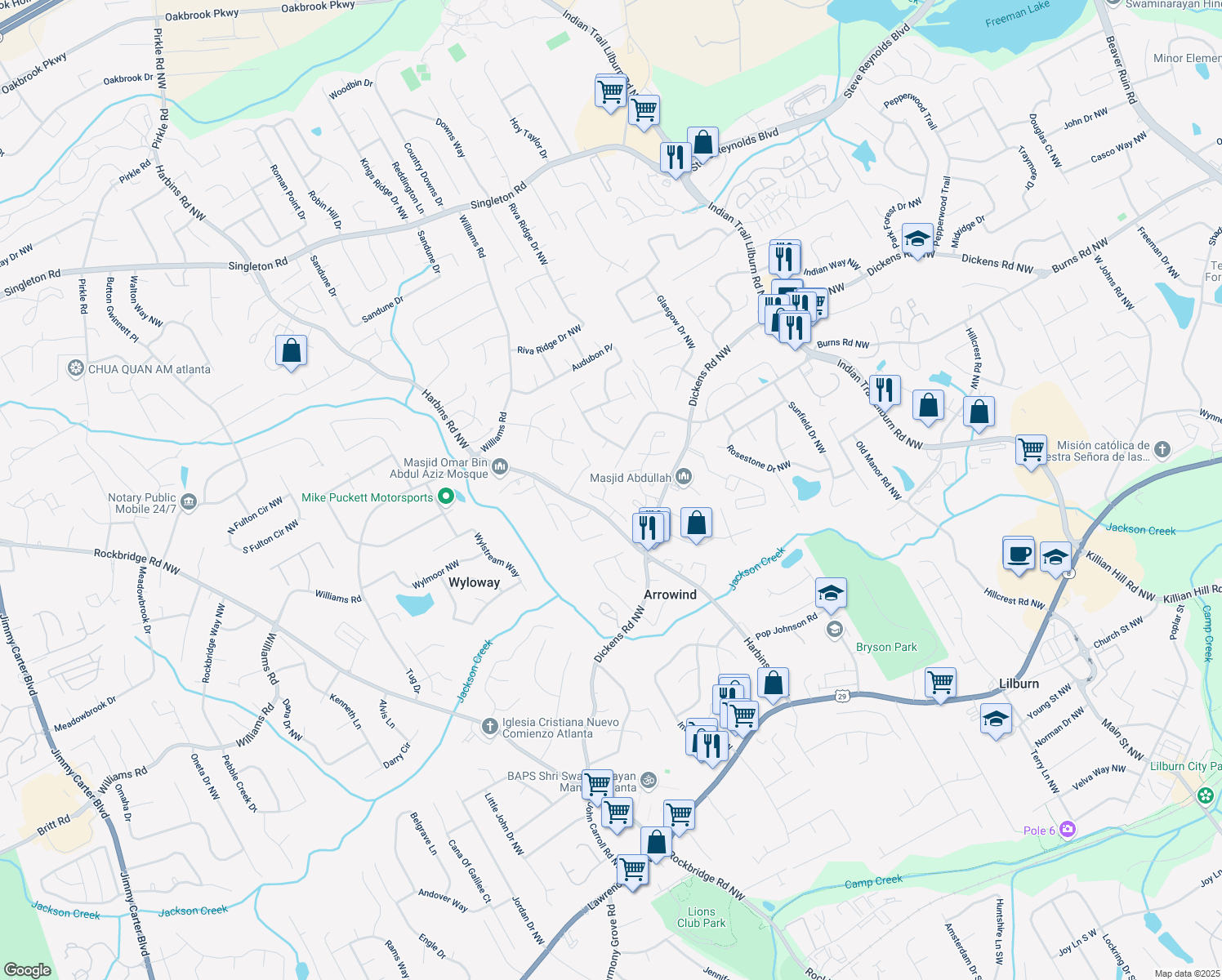 map of restaurants, bars, coffee shops, grocery stores, and more near 5292 Windfield Glen Court Northwest in Lilburn