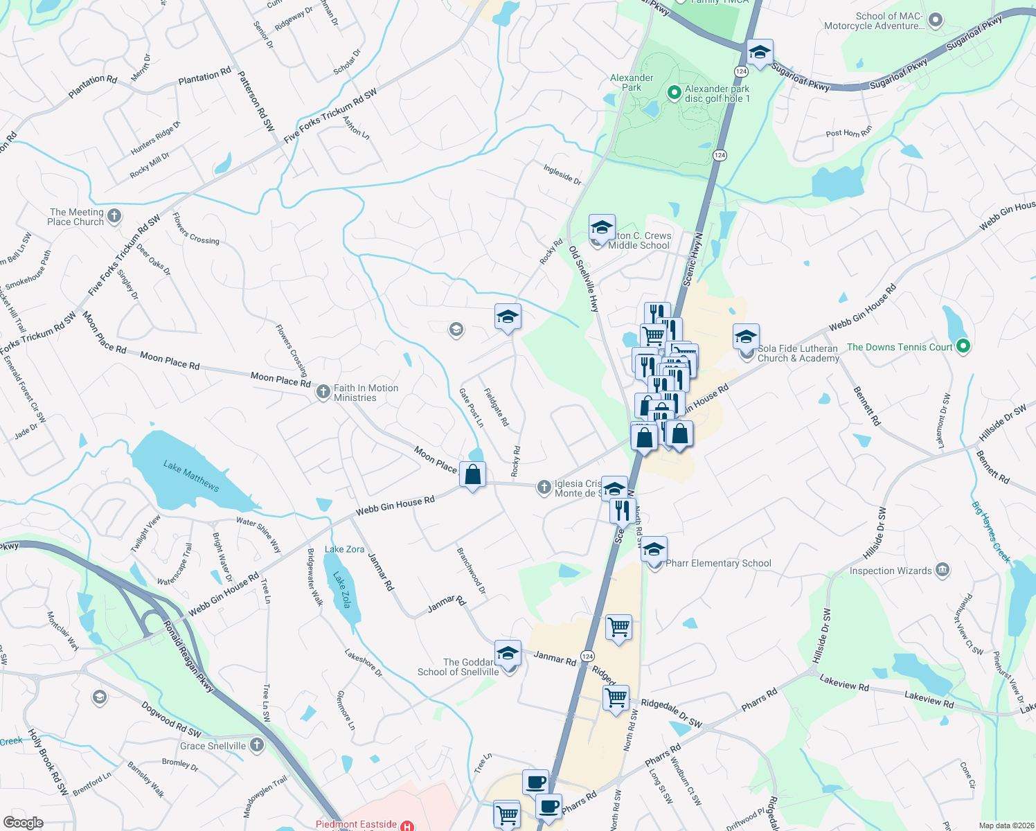 map of restaurants, bars, coffee shops, grocery stores, and more near 1201 Rocky Rd in Lawrenceville