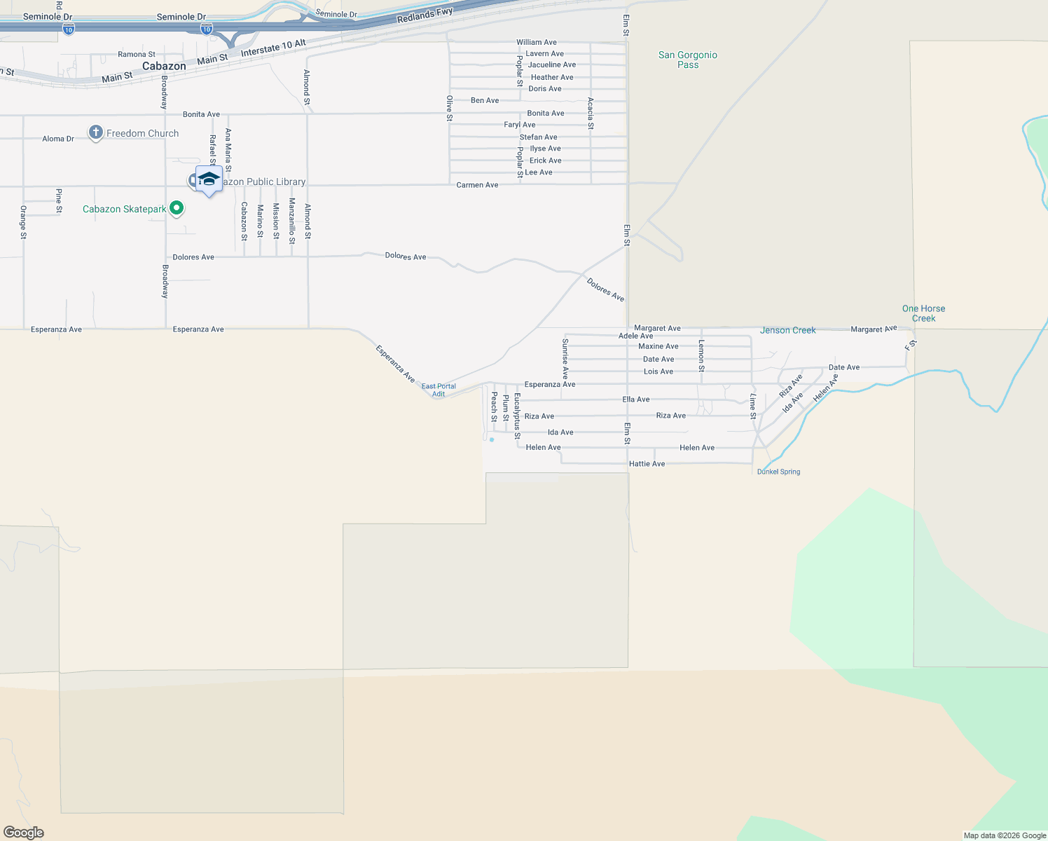 map of restaurants, bars, coffee shops, grocery stores, and more near 51621 Riza Avenue in Cabazon