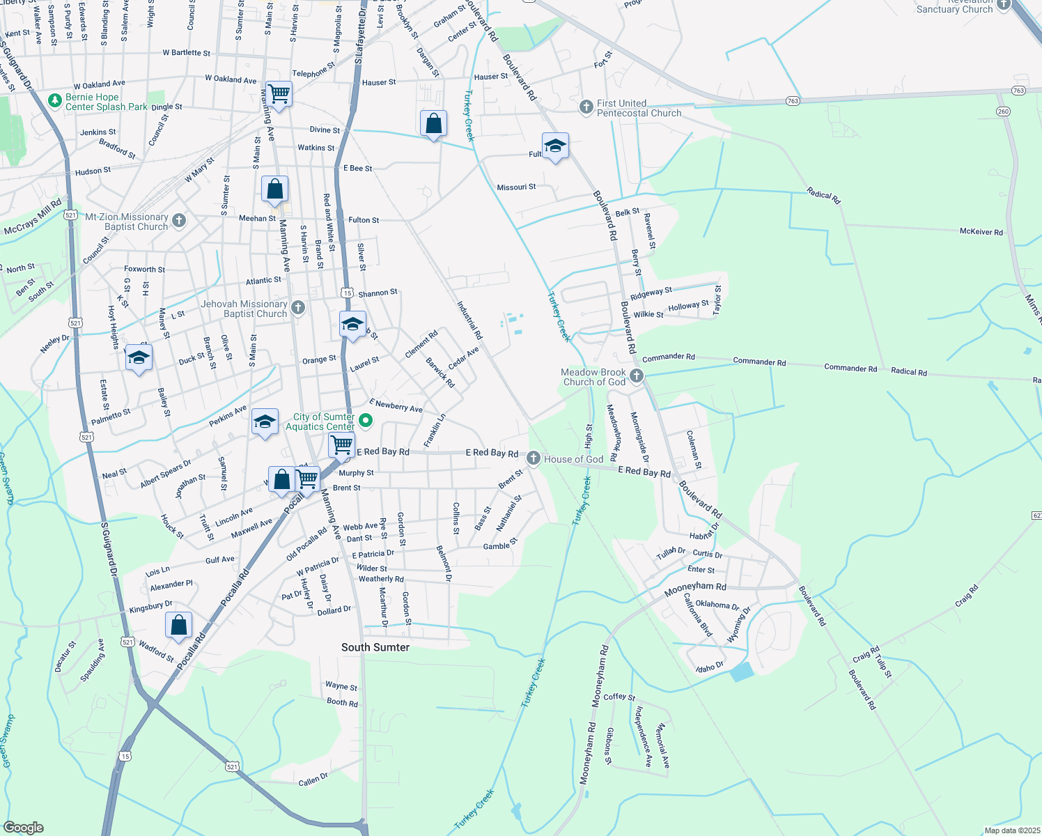 map of restaurants, bars, coffee shops, grocery stores, and more near 290 Hess Lane in Sumter