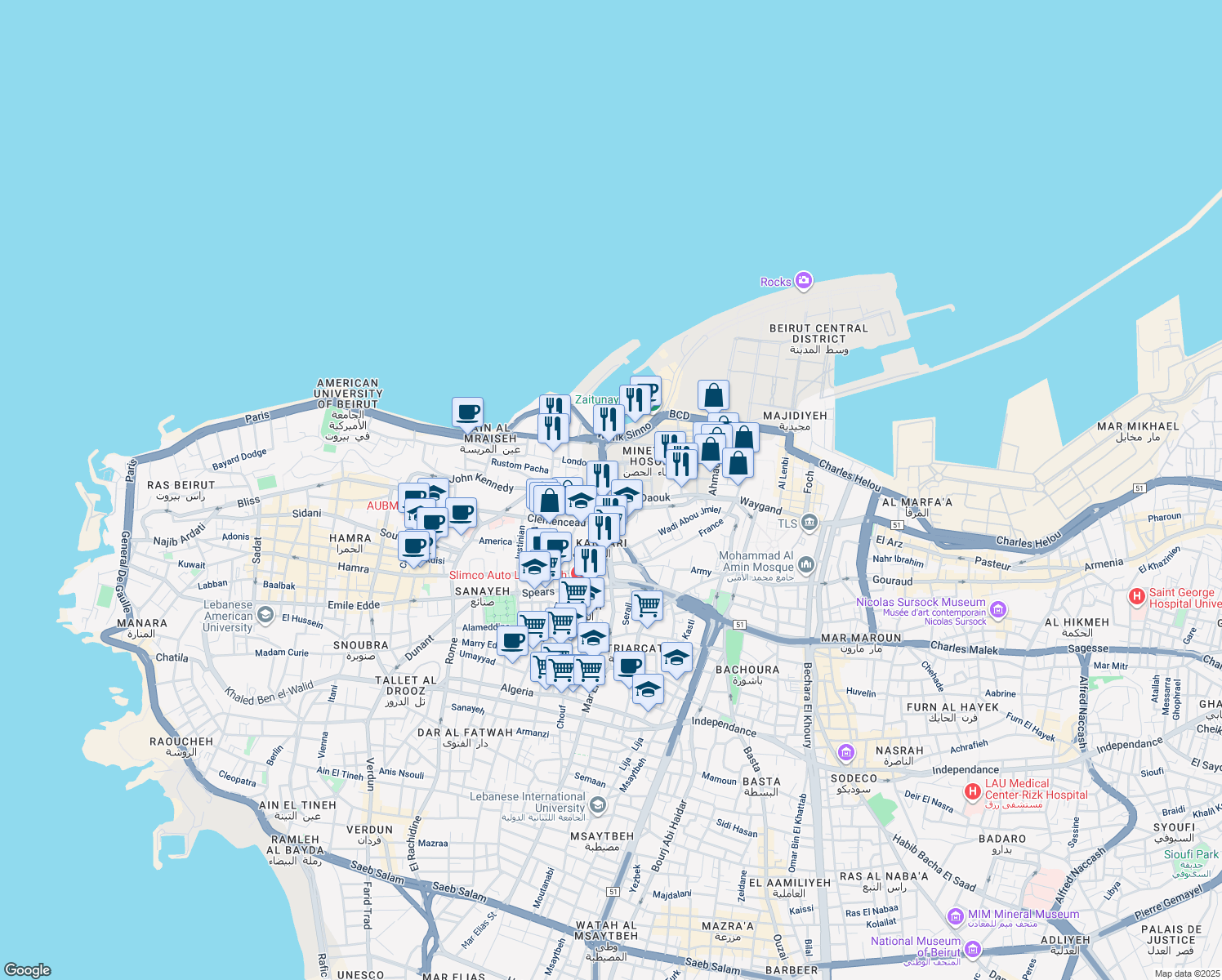 map of restaurants, bars, coffee shops, grocery stores, and more near in Beirut