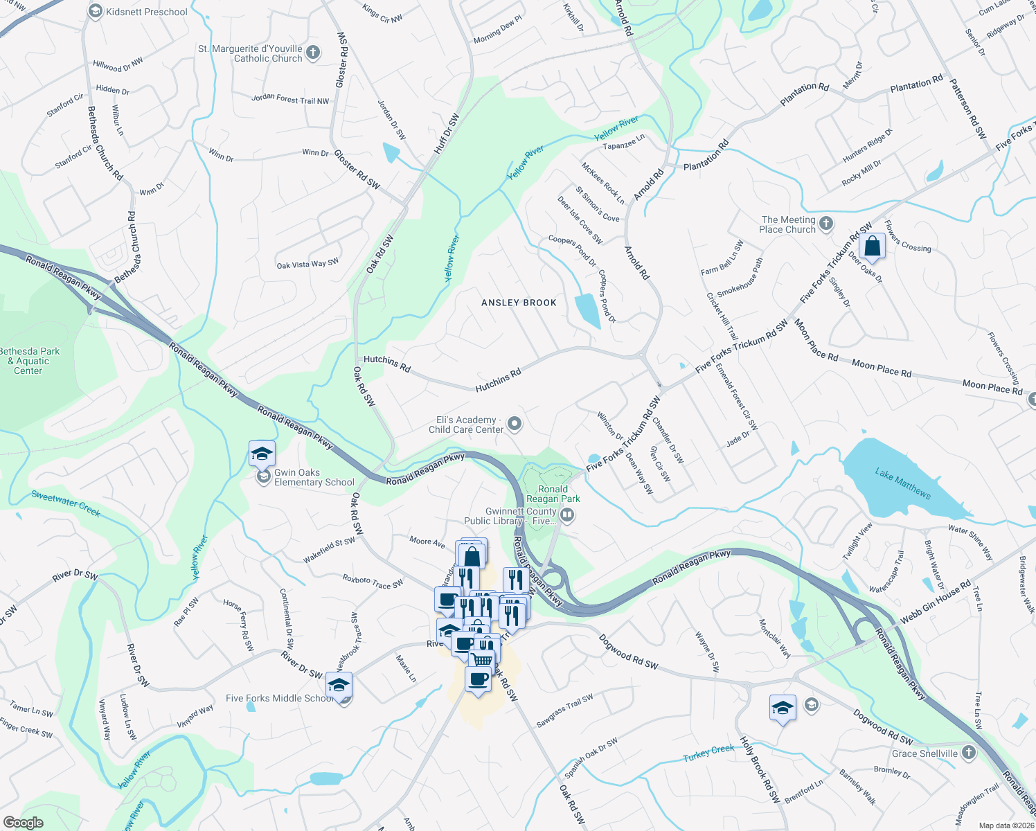 map of restaurants, bars, coffee shops, grocery stores, and more near 2820 Commons Dr in Lawrenceville