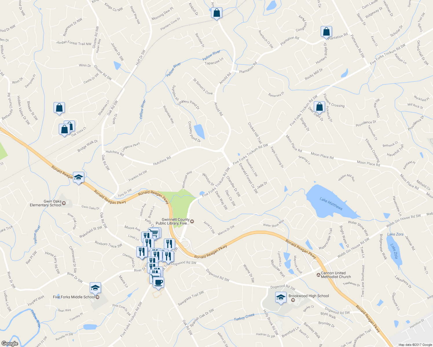 map of restaurants, bars, coffee shops, grocery stores, and more near 2535 Winthrope Way in Lawrenceville