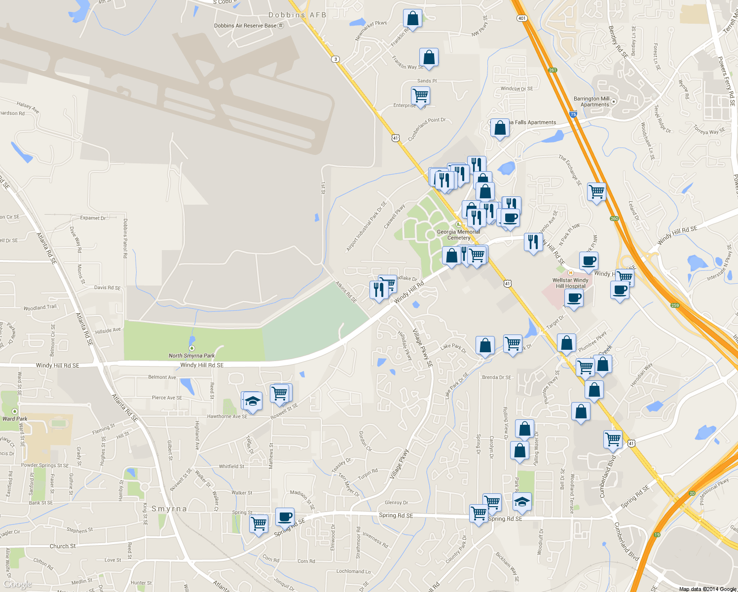 map of restaurants, bars, coffee shops, grocery stores, and more near Vintage Court Southeast in Marietta