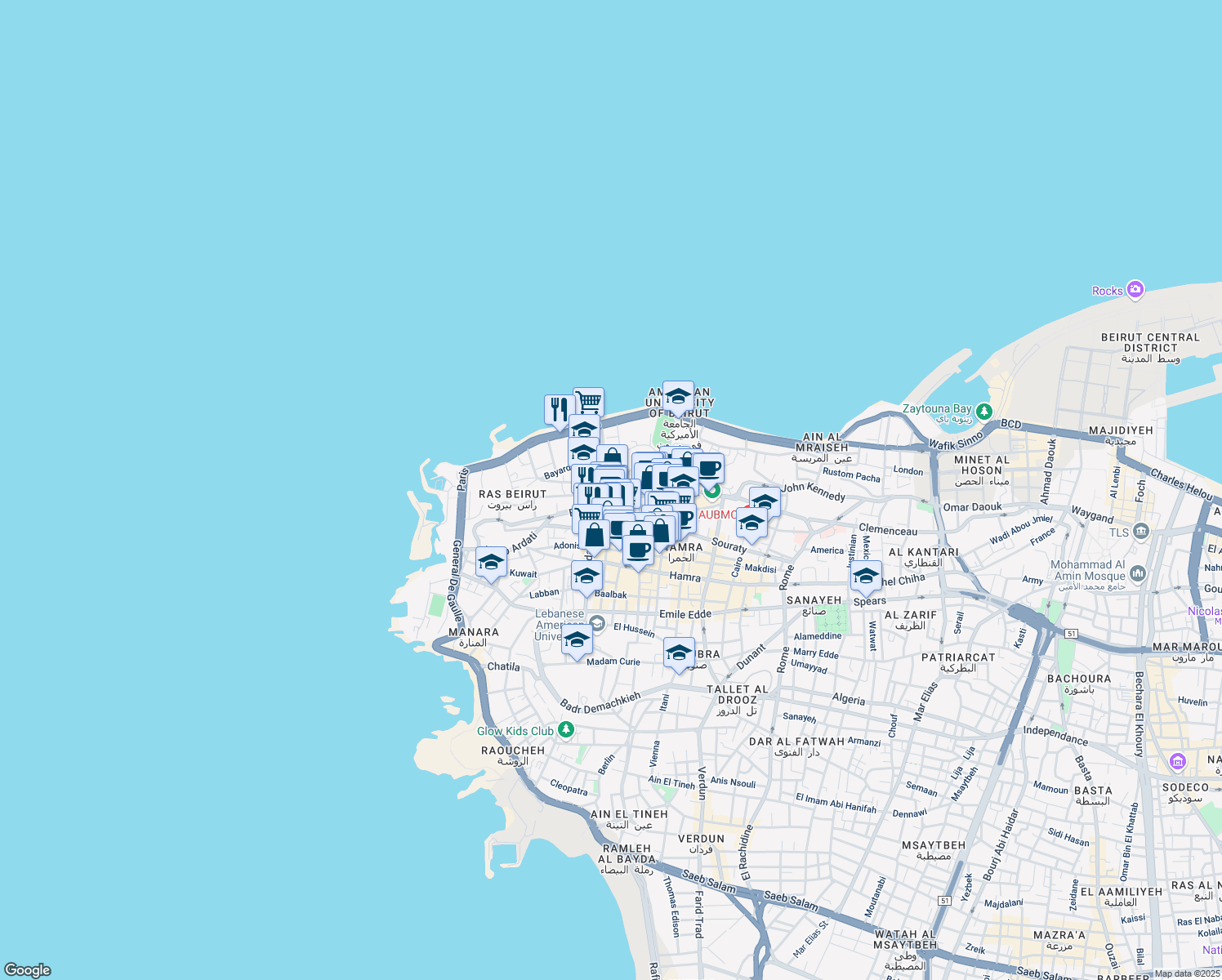 map of restaurants, bars, coffee shops, grocery stores, and more near American University in Bayrut