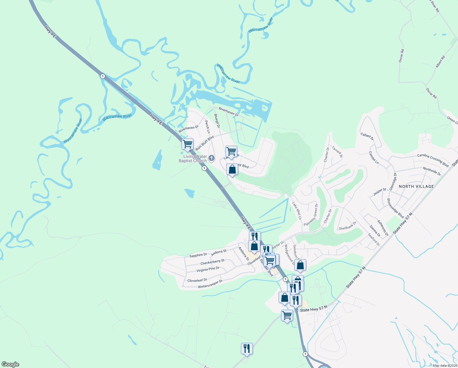 map of restaurants, bars, coffee shops, grocery stores, and more near Sun Colony Blvd in Little River