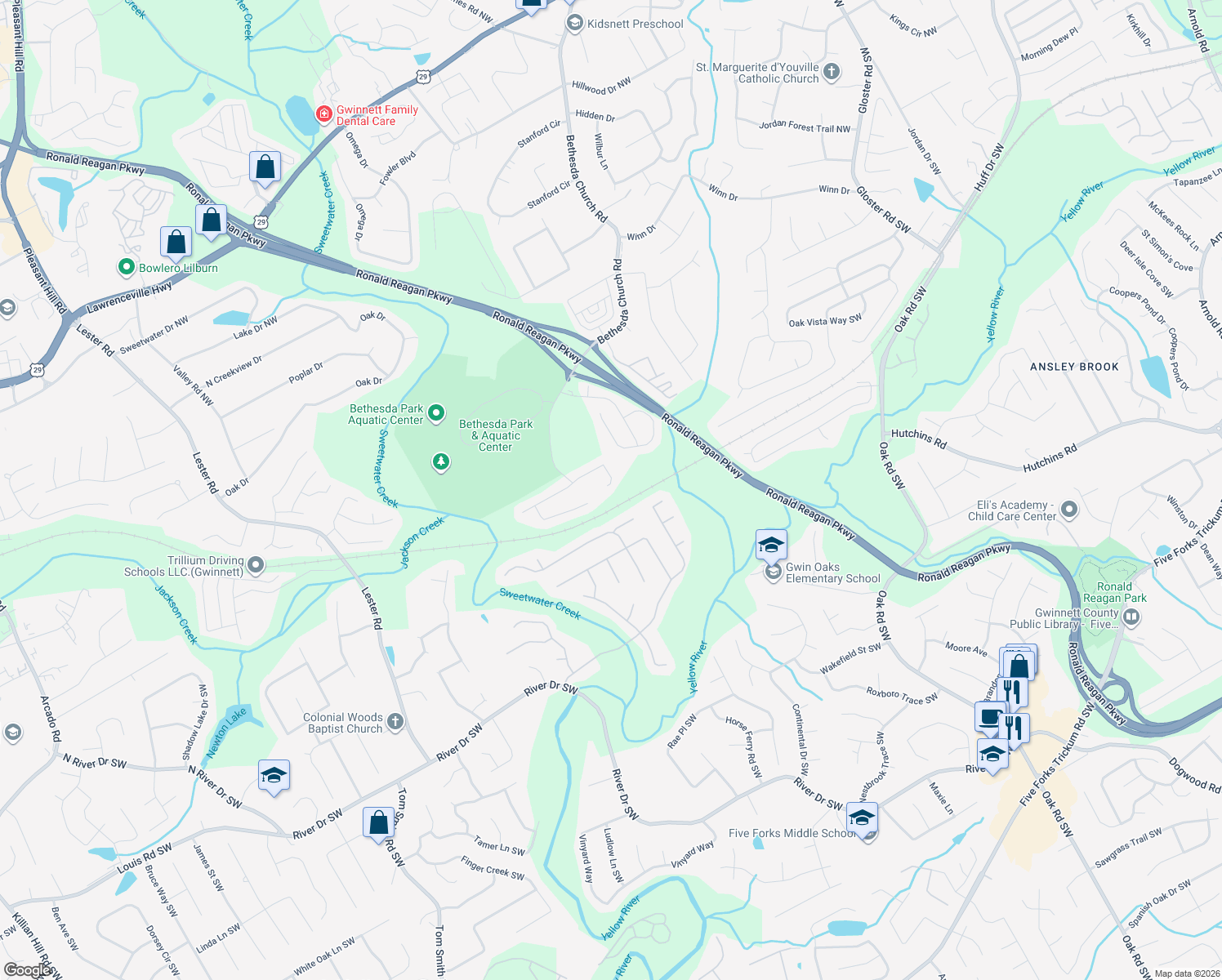 map of restaurants, bars, coffee shops, grocery stores, and more near 3245 Bethesda Park Court in Lawrenceville