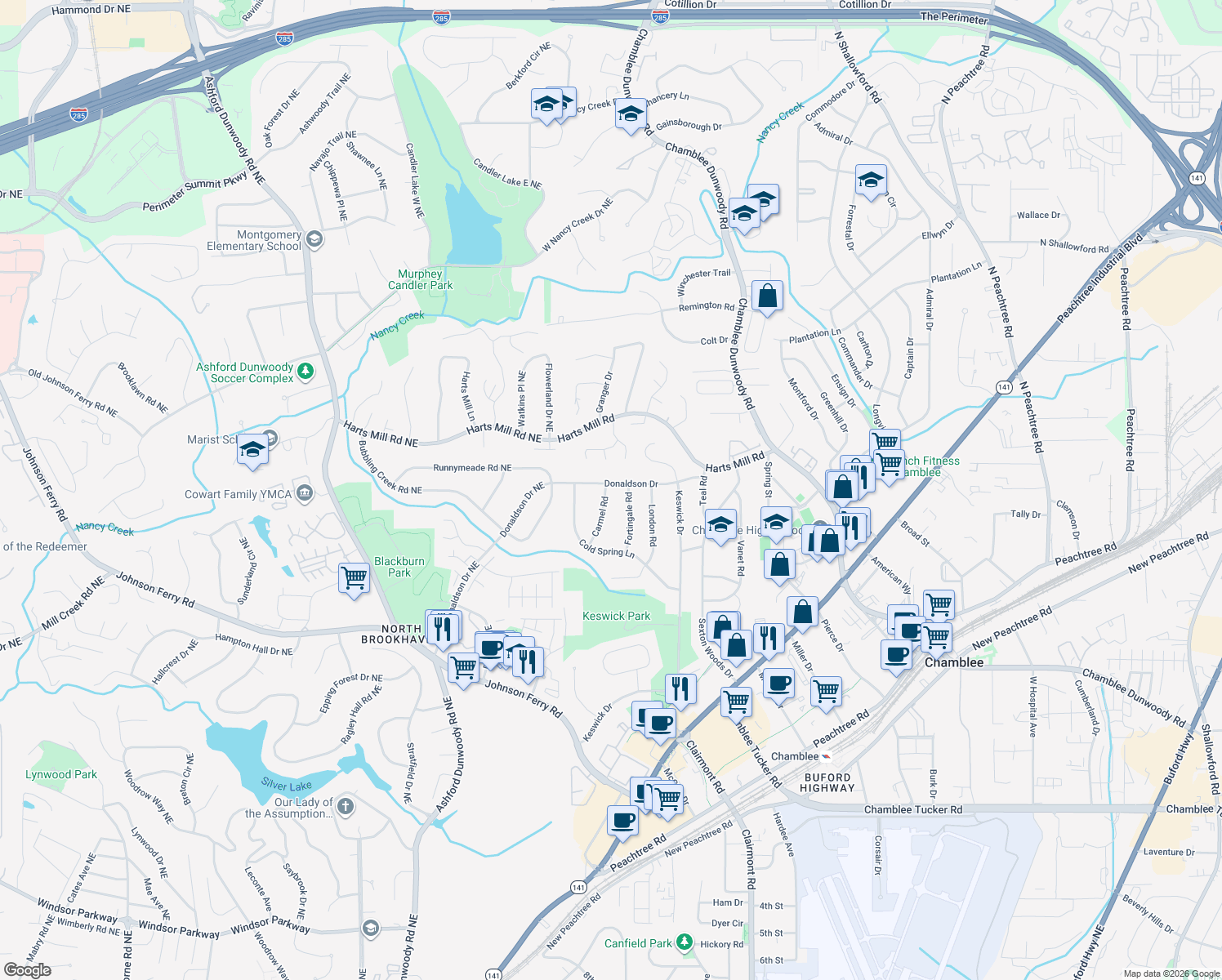 map of restaurants, bars, coffee shops, grocery stores, and more near 3811 Donaldson Dr in Chamblee