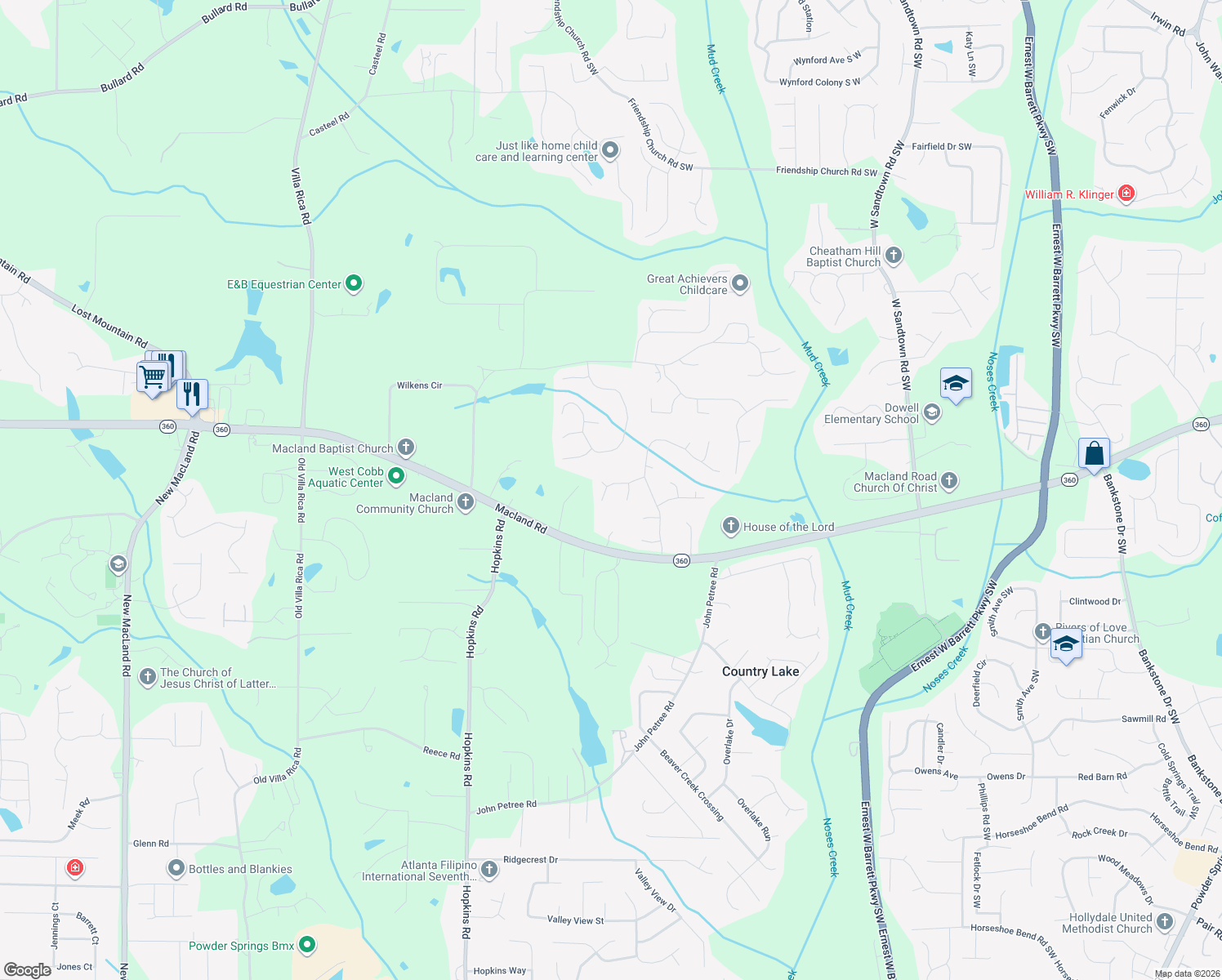 map of restaurants, bars, coffee shops, grocery stores, and more near 3359 Gilley Dr in Powder Springs