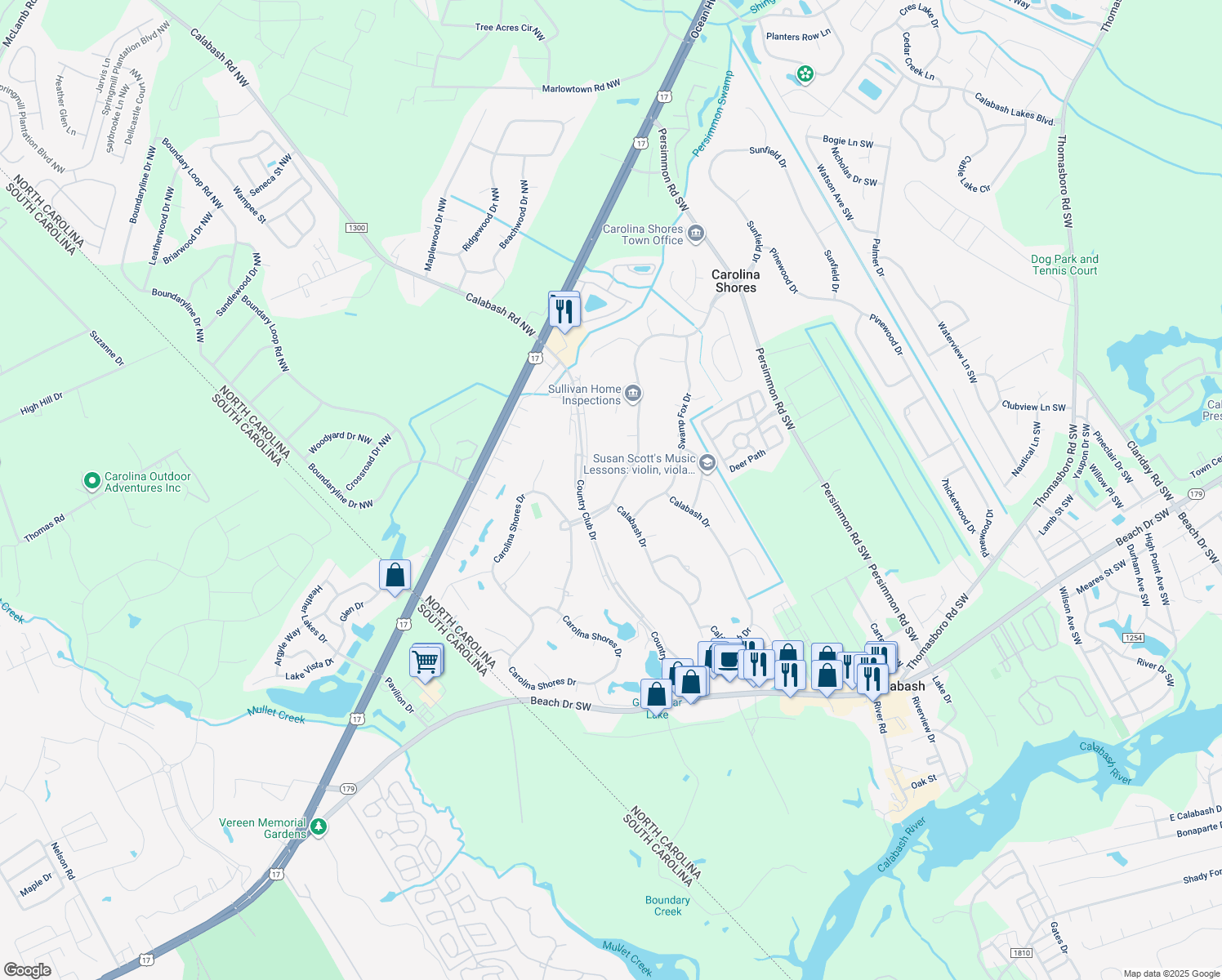 map of restaurants, bars, coffee shops, grocery stores, and more near 5 Carolina Shores Parkway in Carolina Shores