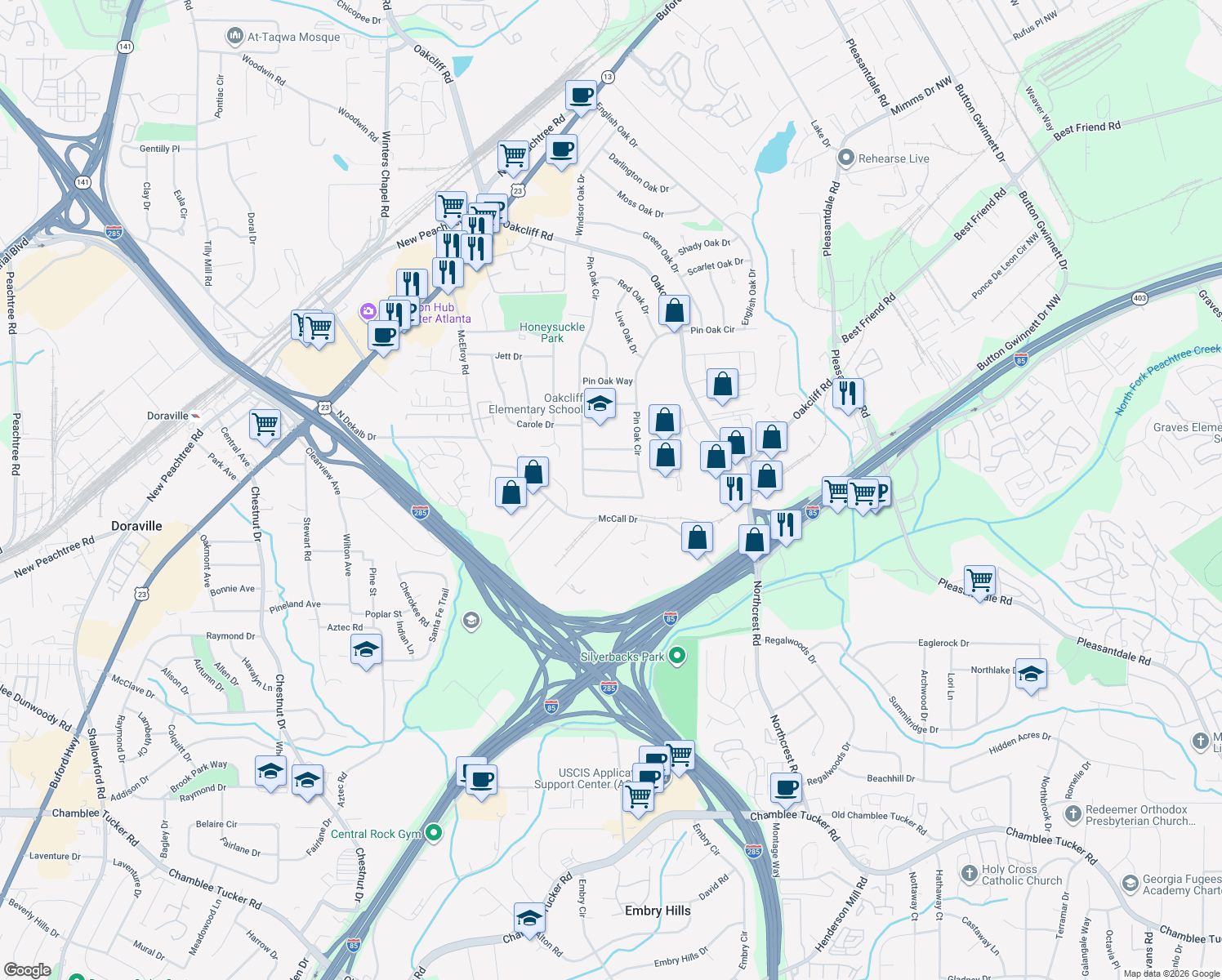 map of restaurants, bars, coffee shops, grocery stores, and more near 3647 Pin Oak Cir in Doraville