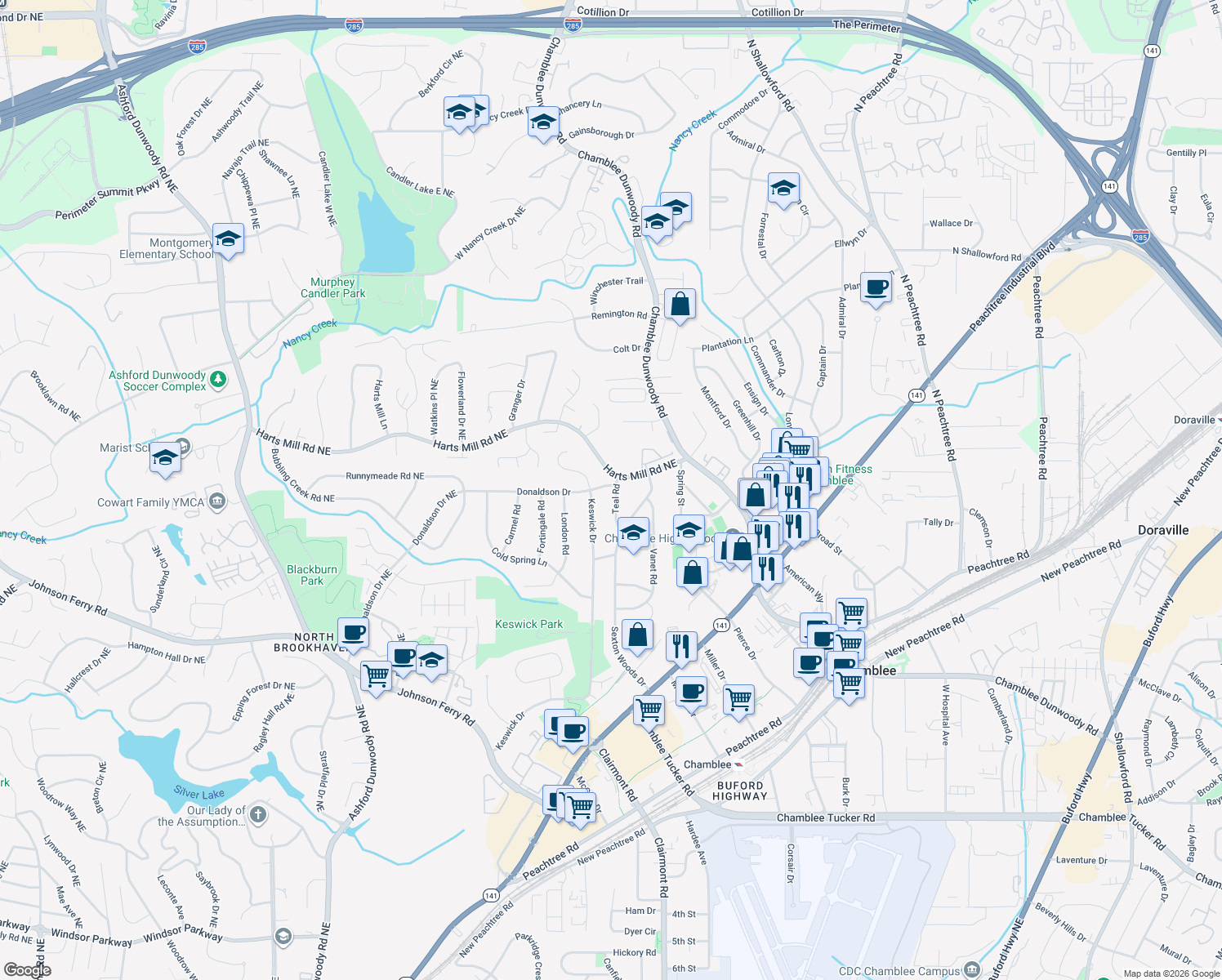 map of restaurants, bars, coffee shops, grocery stores, and more near 3696 Teal Road in Chamblee