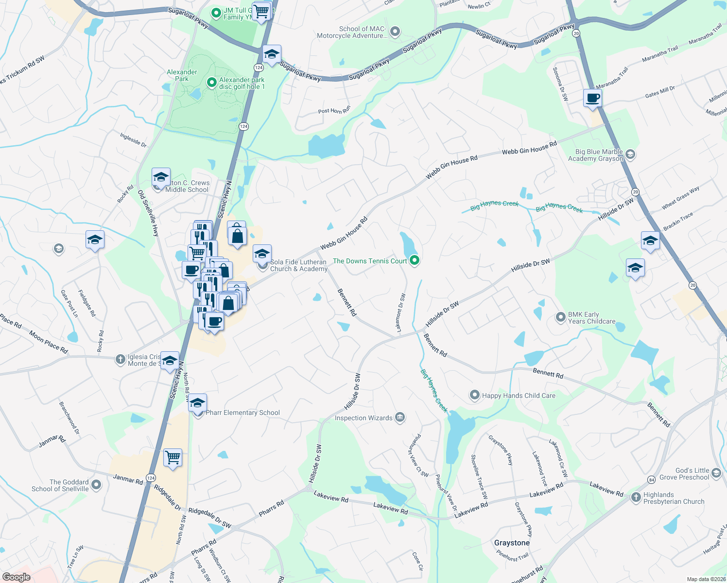 map of restaurants, bars, coffee shops, grocery stores, and more near 1250 Westwood Court Southwest in Grayson