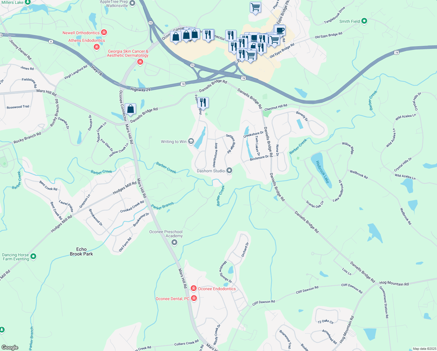 map of restaurants, bars, coffee shops, grocery stores, and more near 1031 Hearthstone Way in Athens