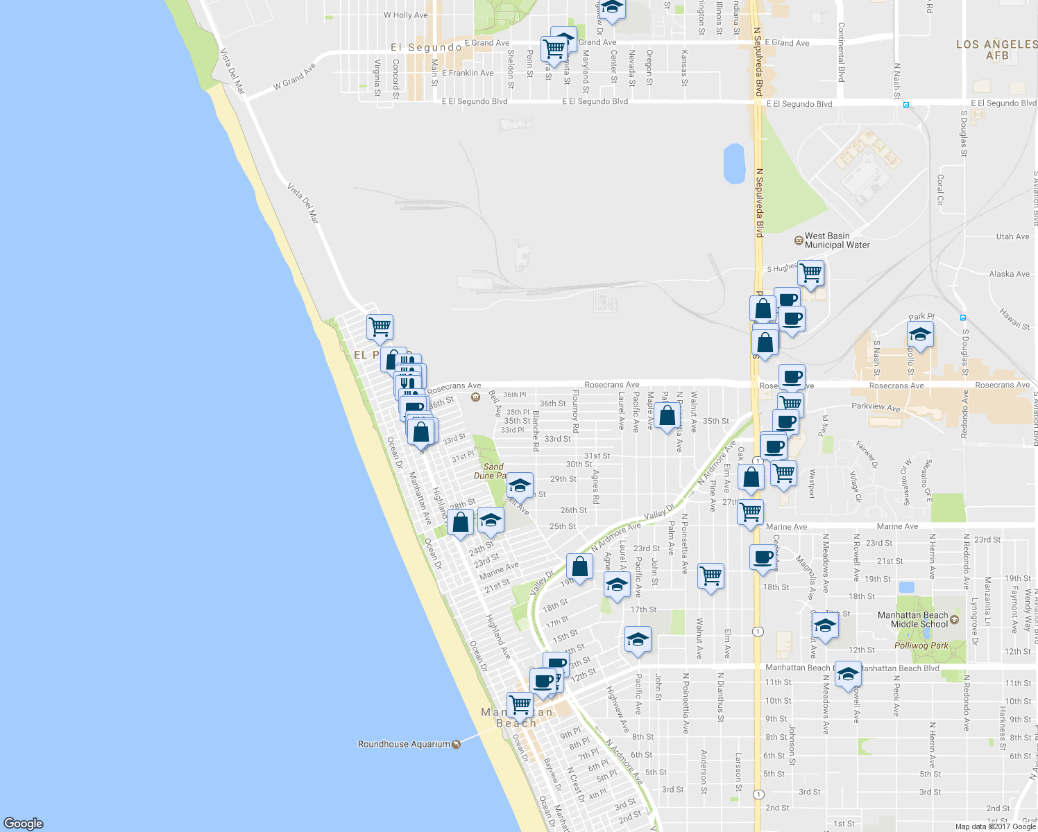 map of restaurants, bars, coffee shops, grocery stores, and more near 579 35th Street in Manhattan Beach