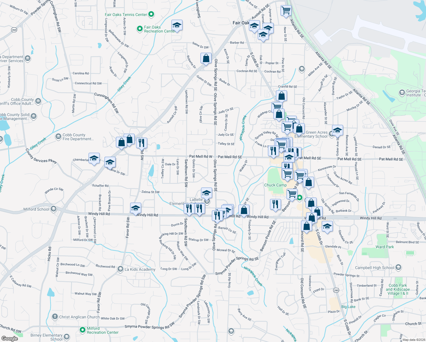 map of restaurants, bars, coffee shops, grocery stores, and more near 2172 Olive Springs Road Southeast in Marietta